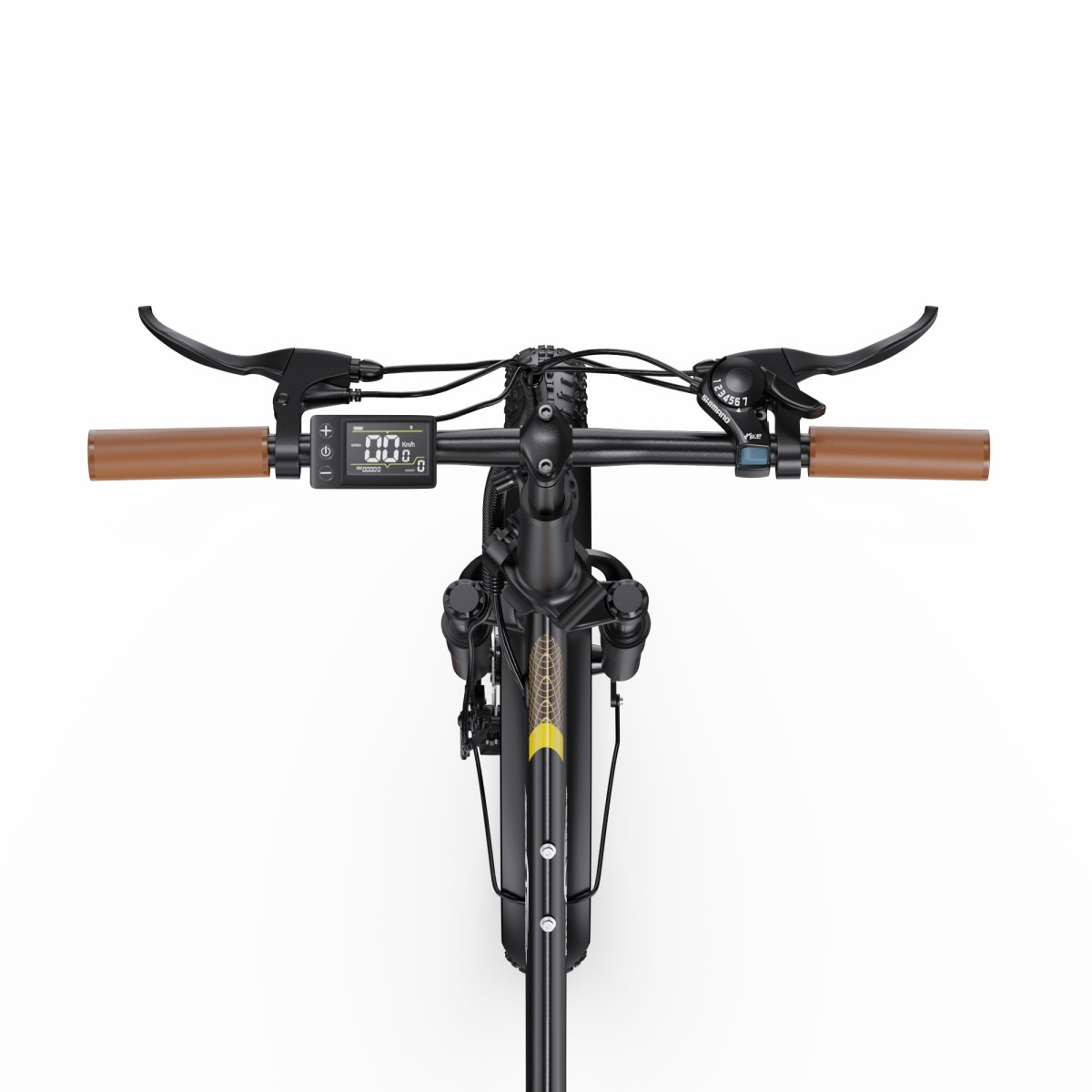 Vista frontale di una bicicletta nera con manopole marroni e display digitale.