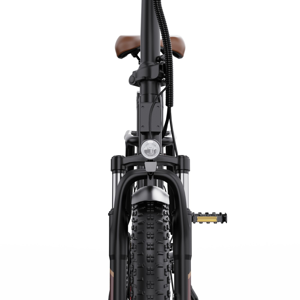 Vista frontale di una e-bike nera con sella marrone e copertone largo.