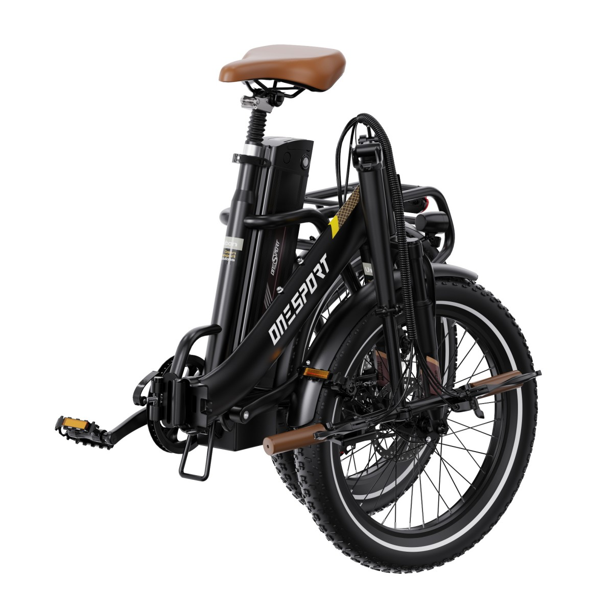 Bici elettrica piegata nera con sella e manopole marroni.