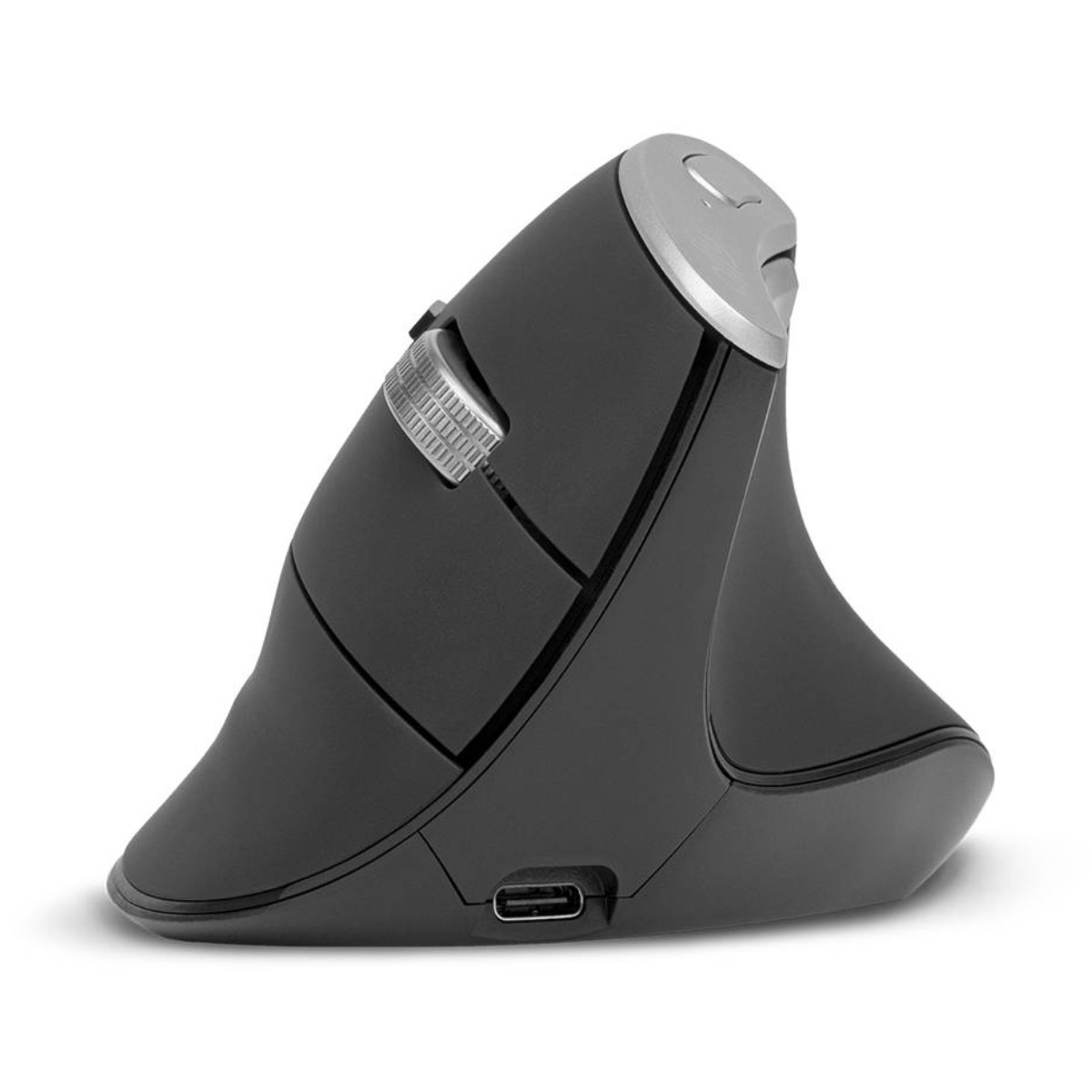 Mouse ergonomico nero con accenti argentati e rotellina di scorrimento.