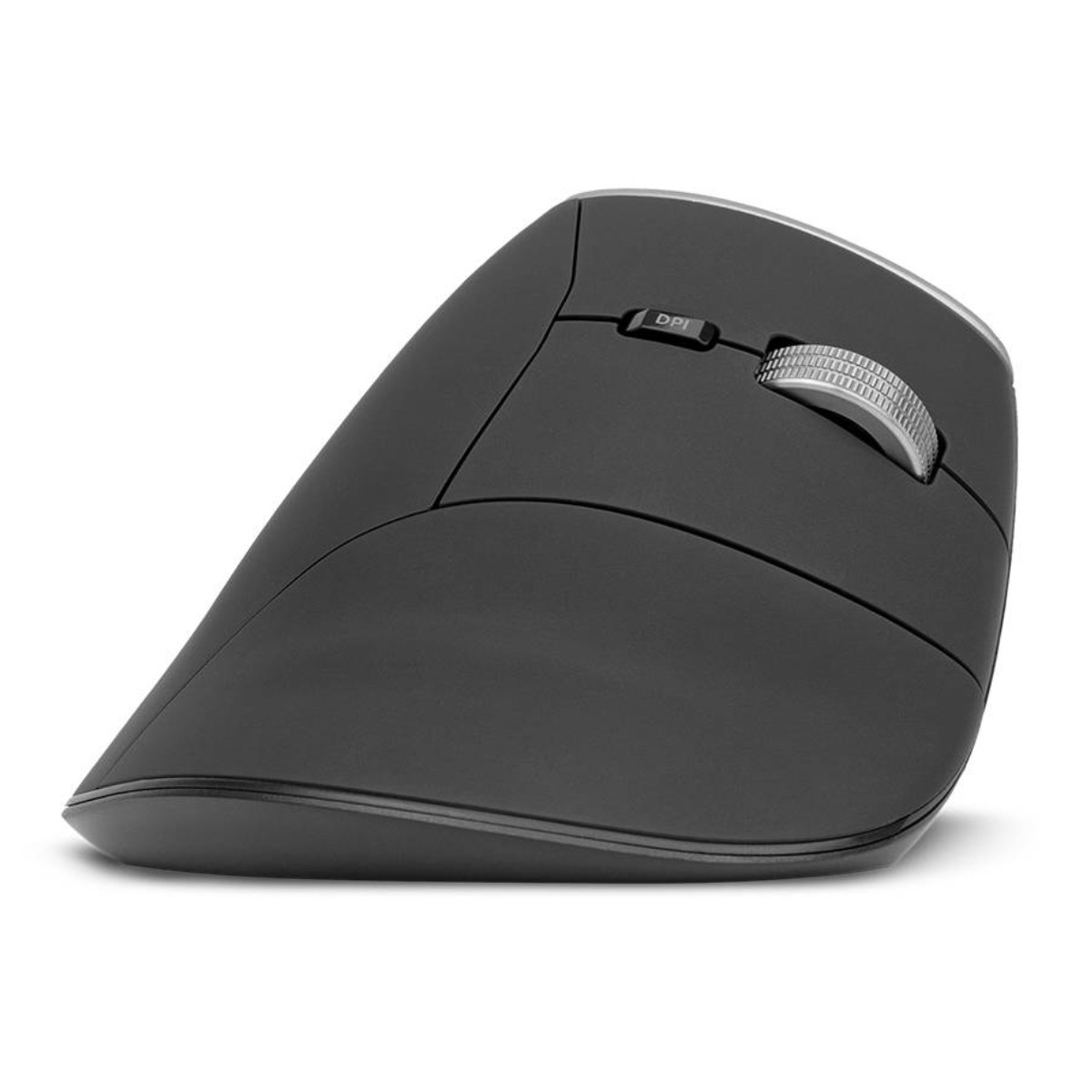 Un mouse ergonomico nero con rotellina argentata e pulsante DPI.