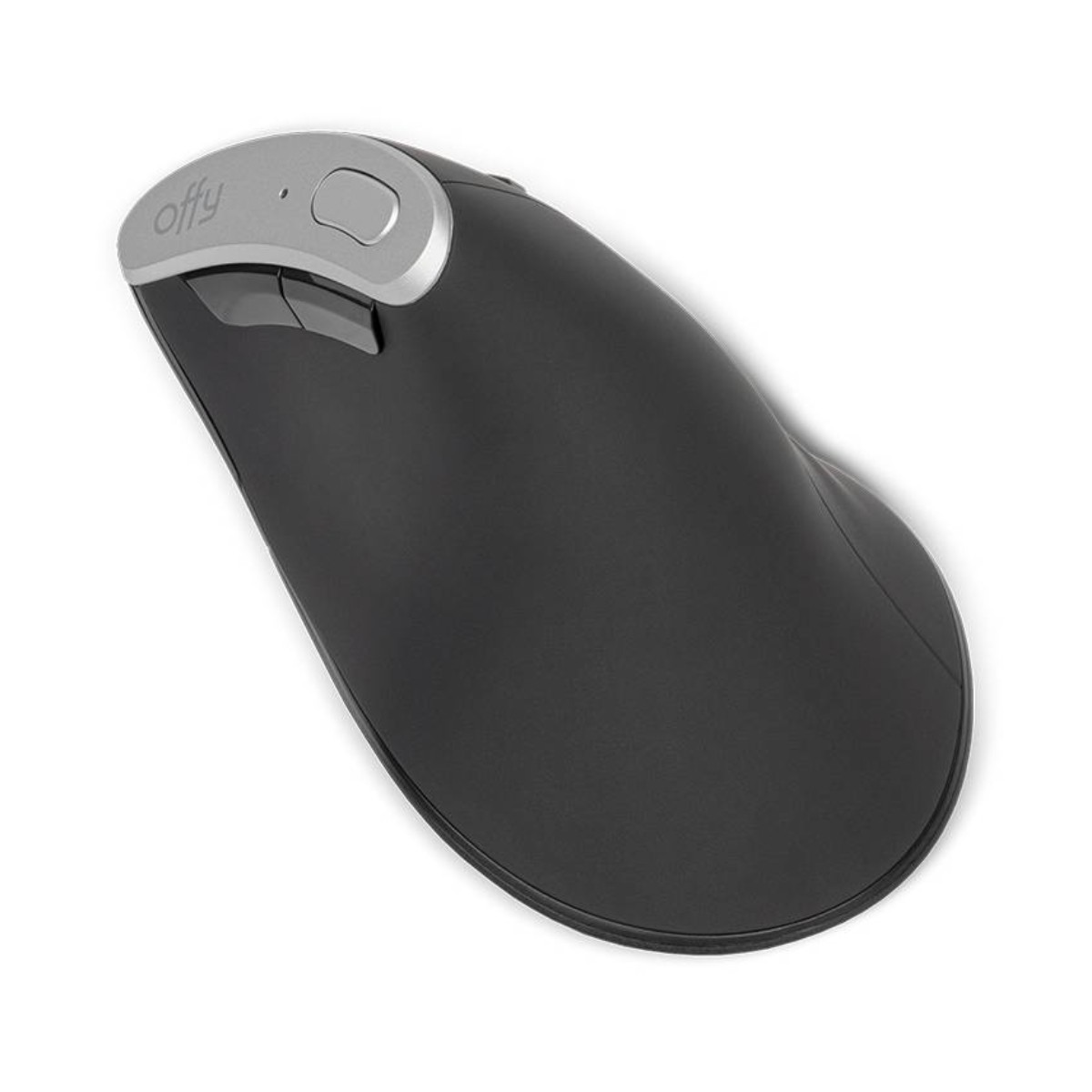 Un mouse ergonomico nero con accenti argentati e rotellina di scorrimento.