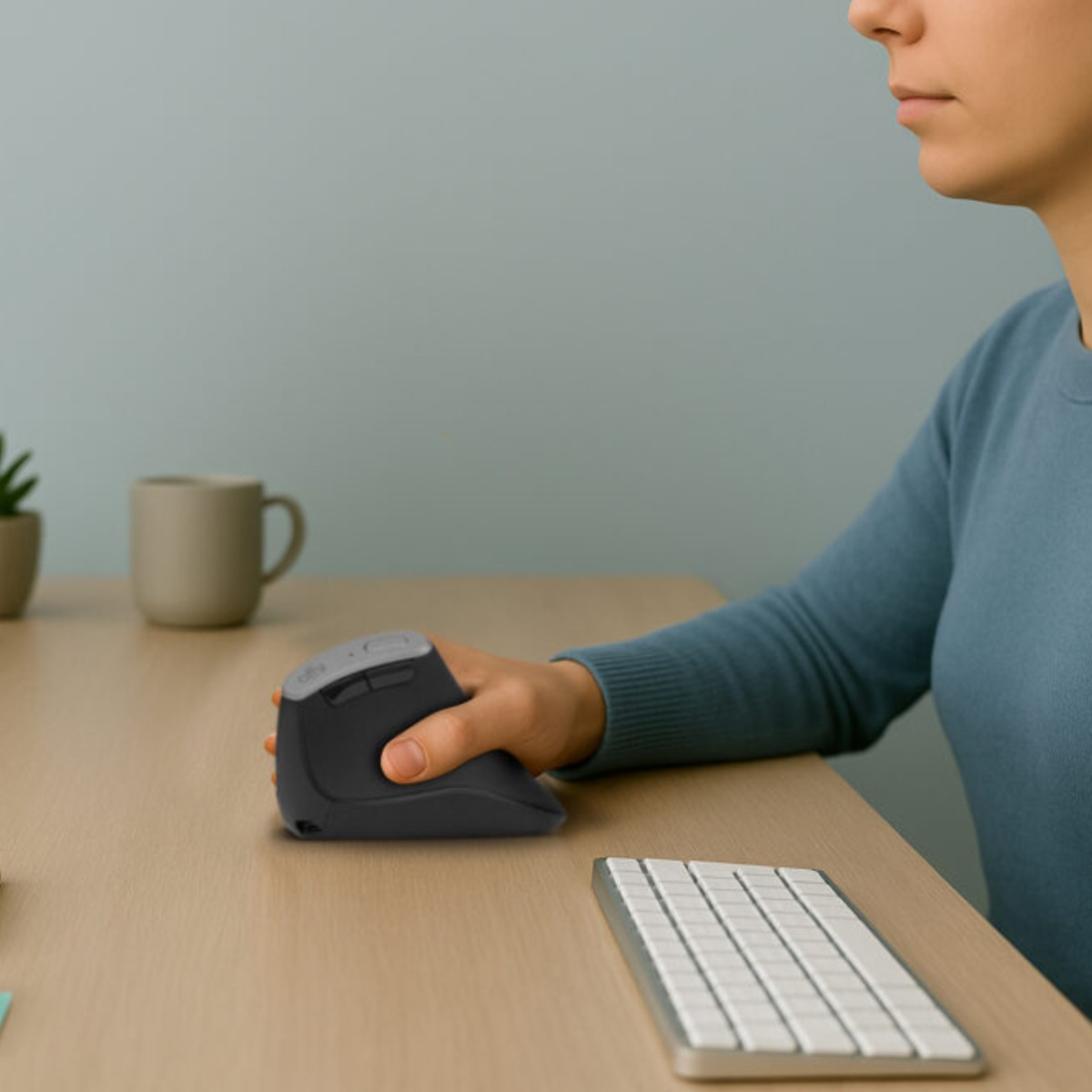 Una mano tiene un mouse verticale su una scrivania con tastiera e tazza.