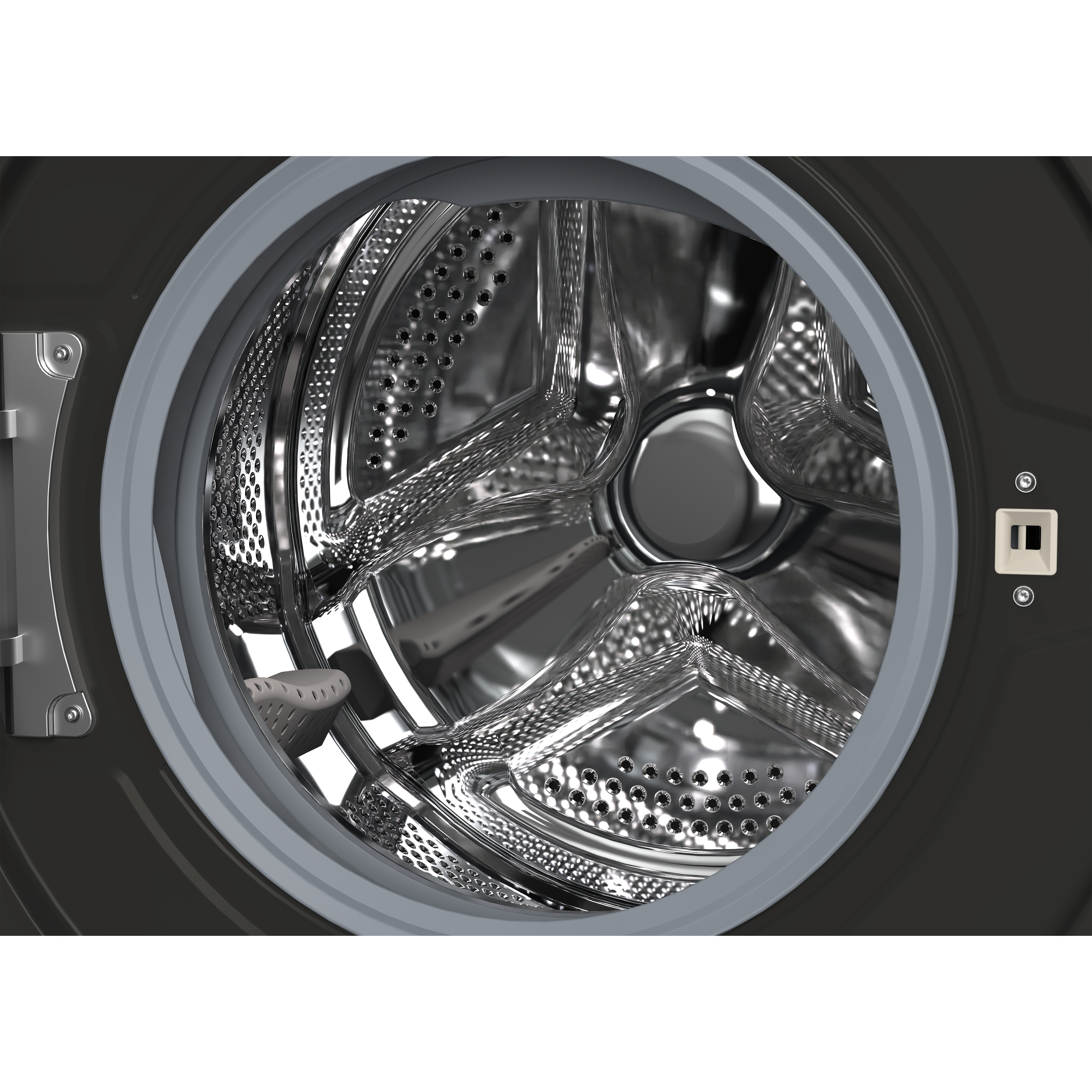 Interior view of a washing machine drum with silver drums and gray seals.