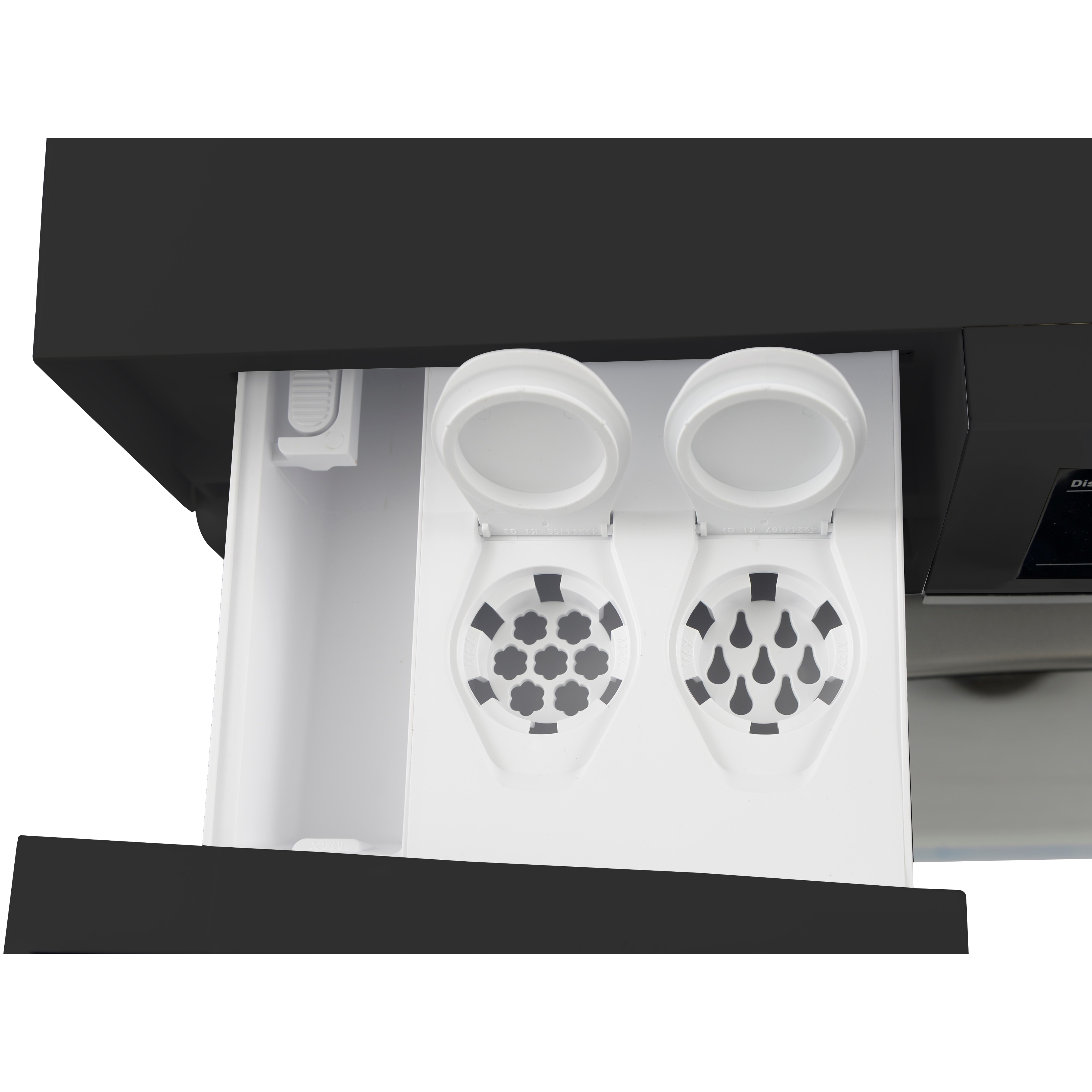 Drawer with two compartments for detergent and fabric softener.