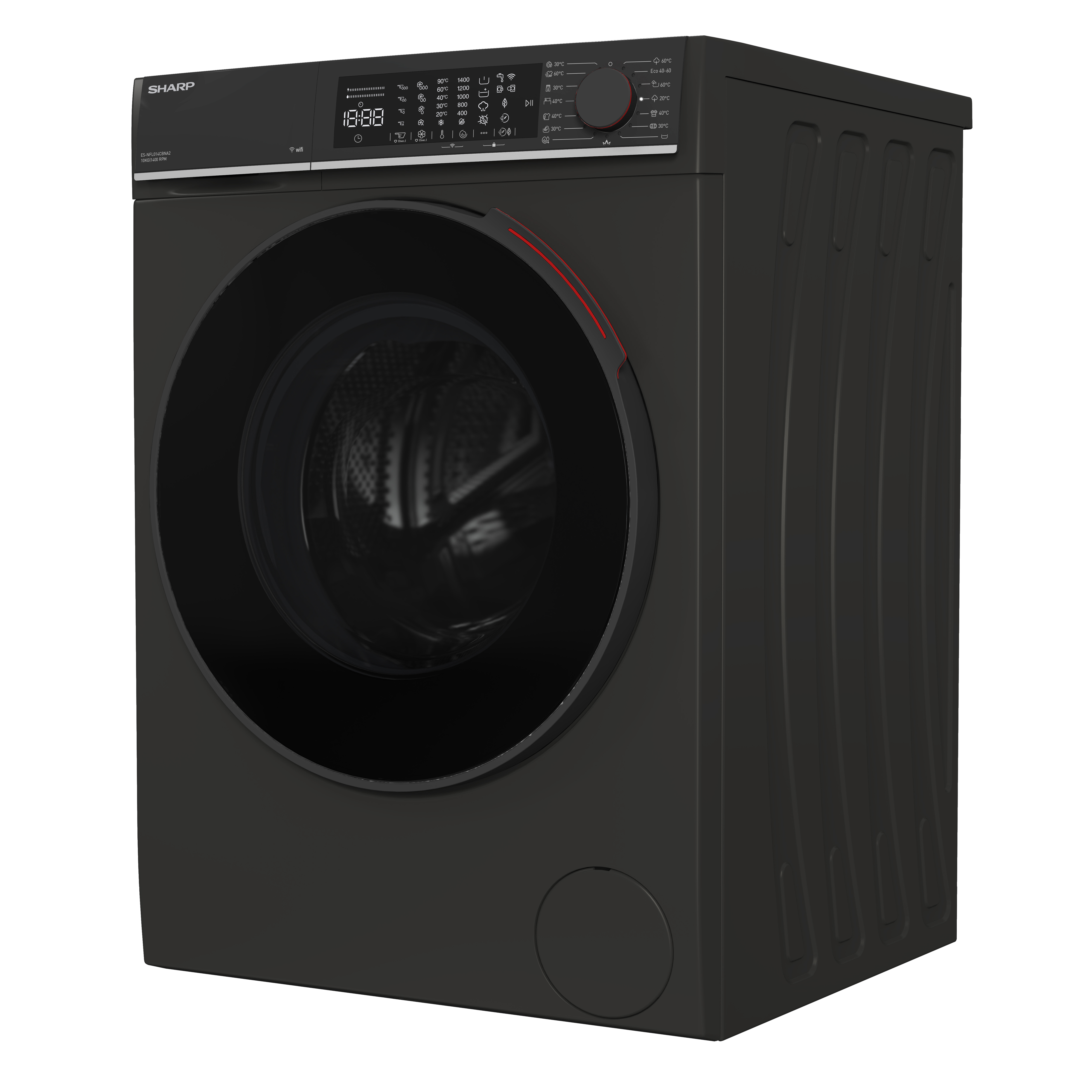 Black Sharp washing machine with large porthole door and digital display.