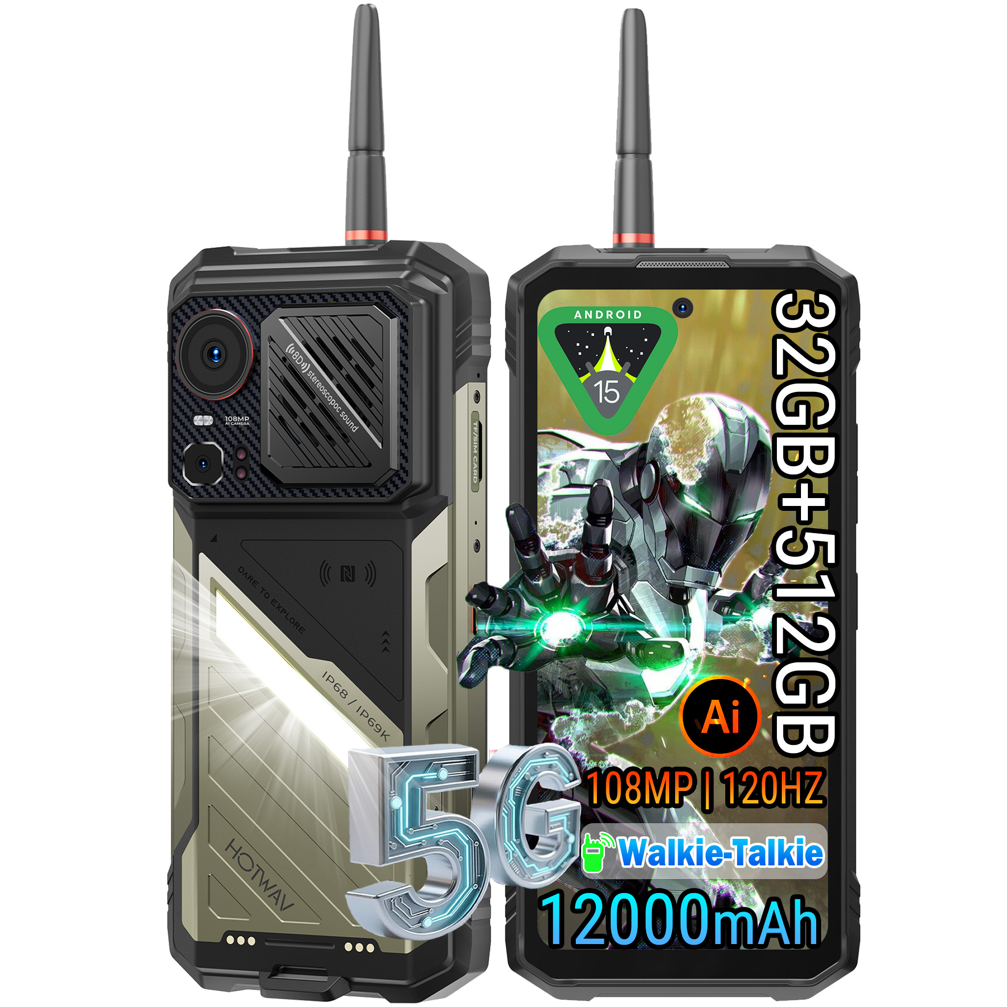 Teléfono robusto con antena y logo 5G. Pantalla muestra Android 15 y un robot.
