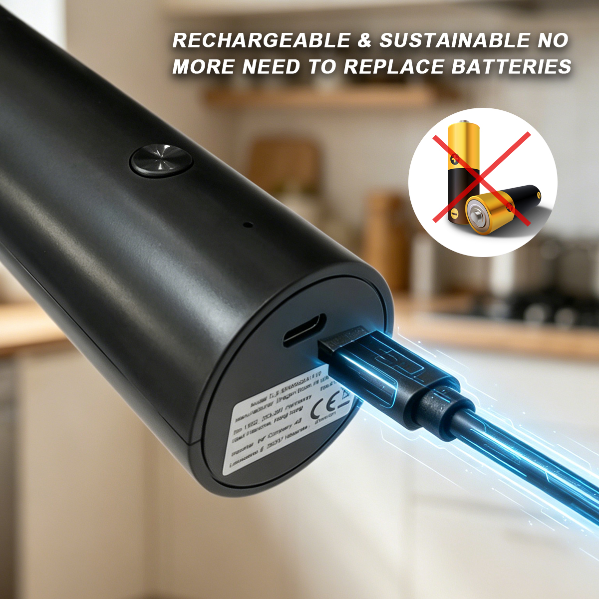 Schwarzes Gerät wird über USB aufgeladen. Batterien sind durchgestrichen.