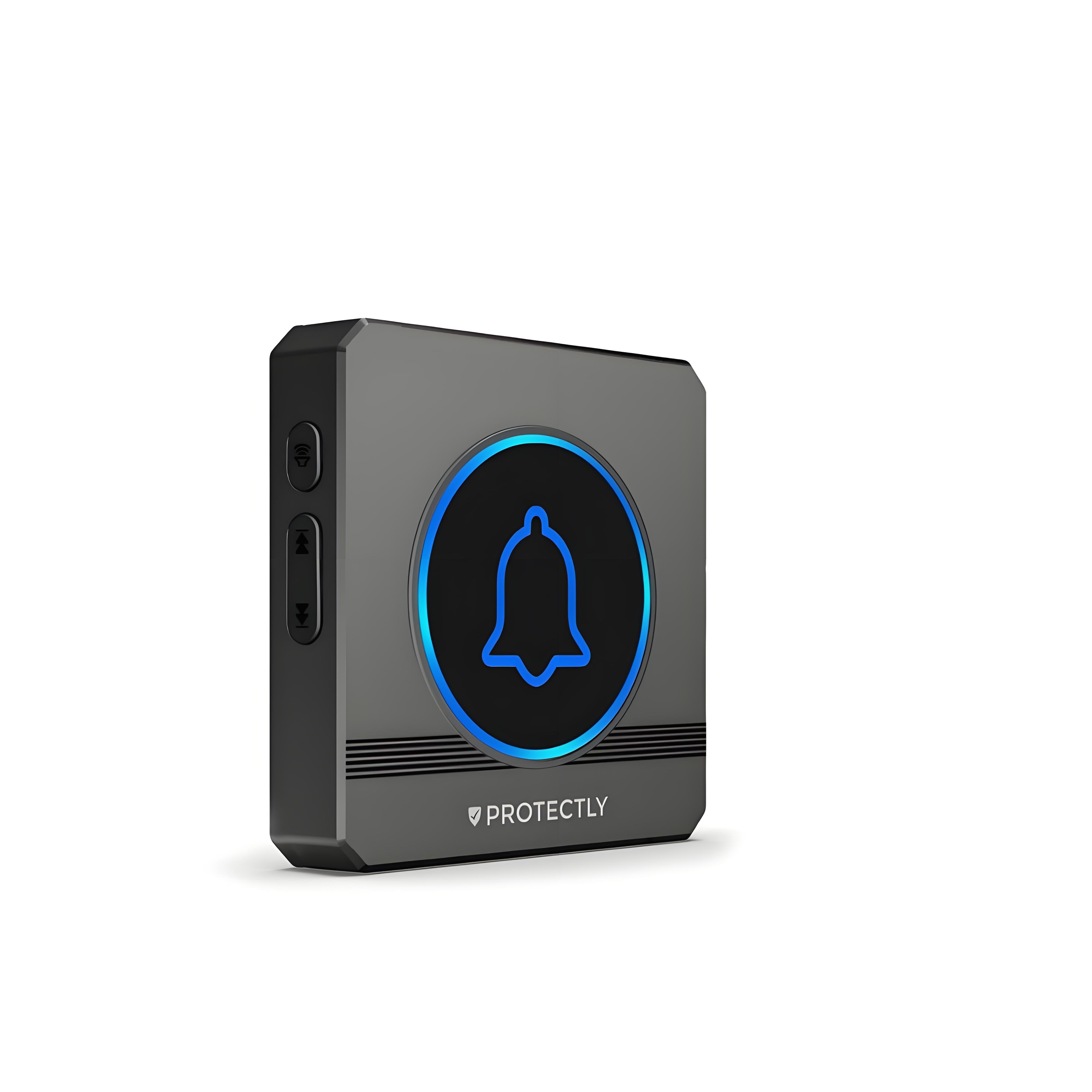 Grijs smart home apparaat met blauw bel-icoon en knoppen.