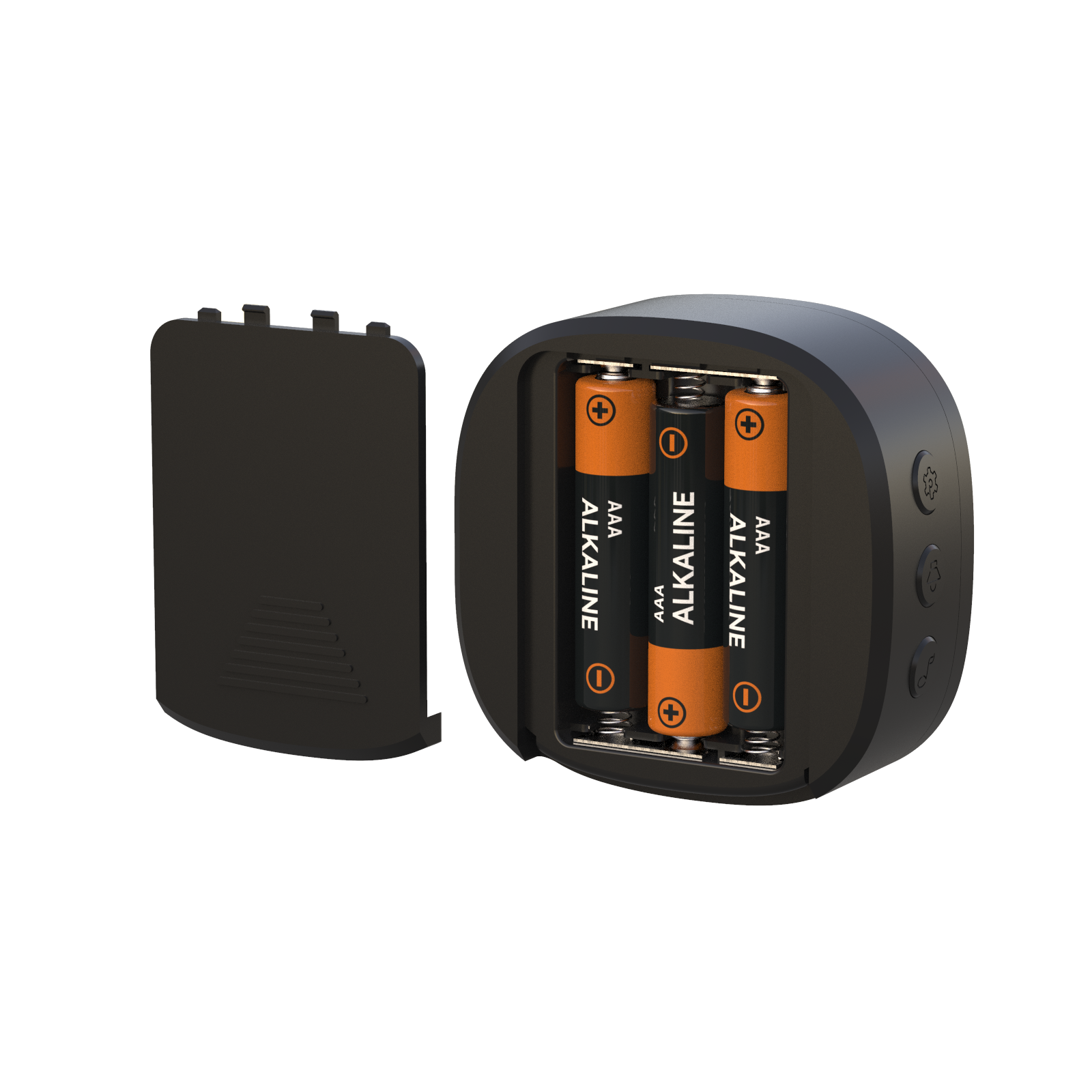 Drie AAA alkaline batterijen in een zwart apparaat met het deksel open.