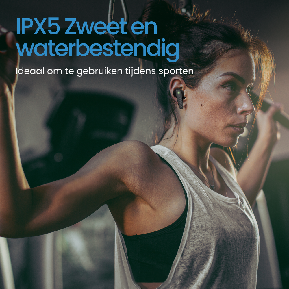 Woman in gym with earbuds, exercising. IPX5 sweat and water resistant.