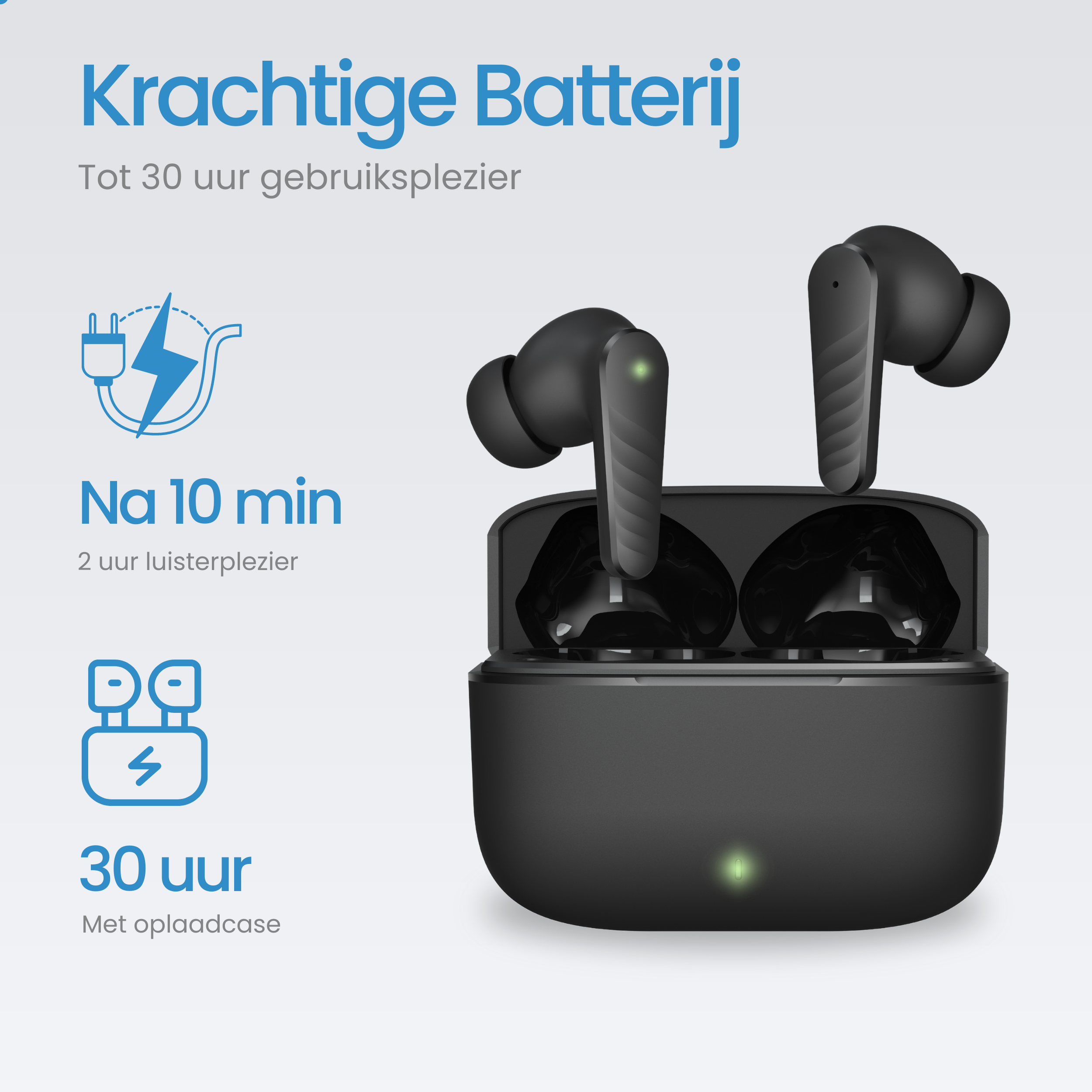 Black wireless earbuds in charging case, with text about battery life.