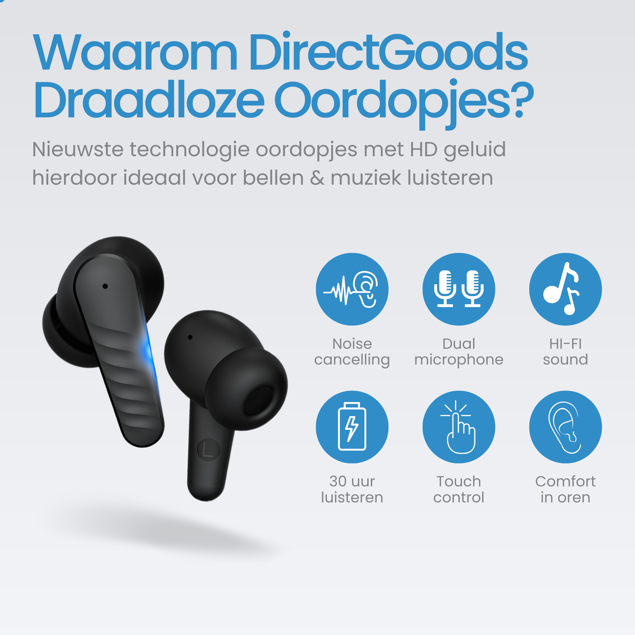Black wireless earbuds with blue accents and feature icons.