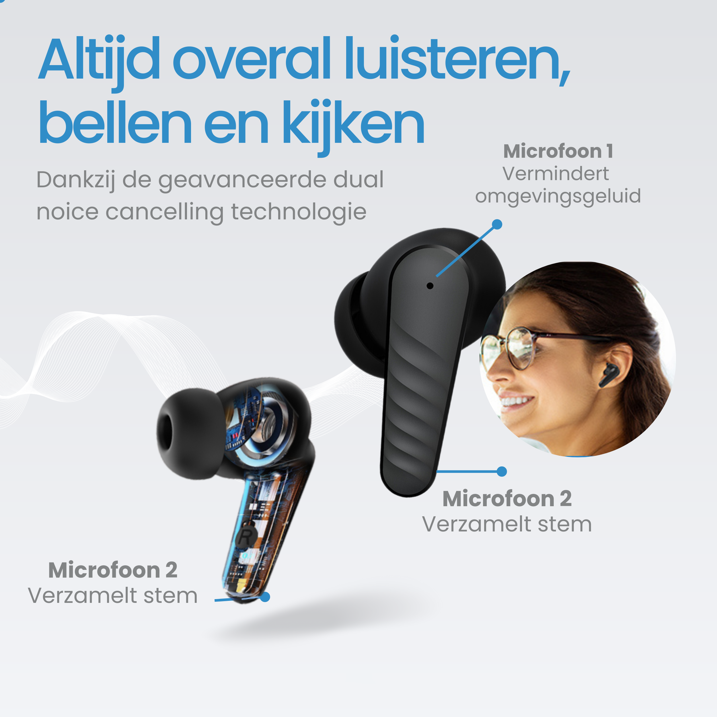 Three black earbuds showing internal details and text about noise cancelling.