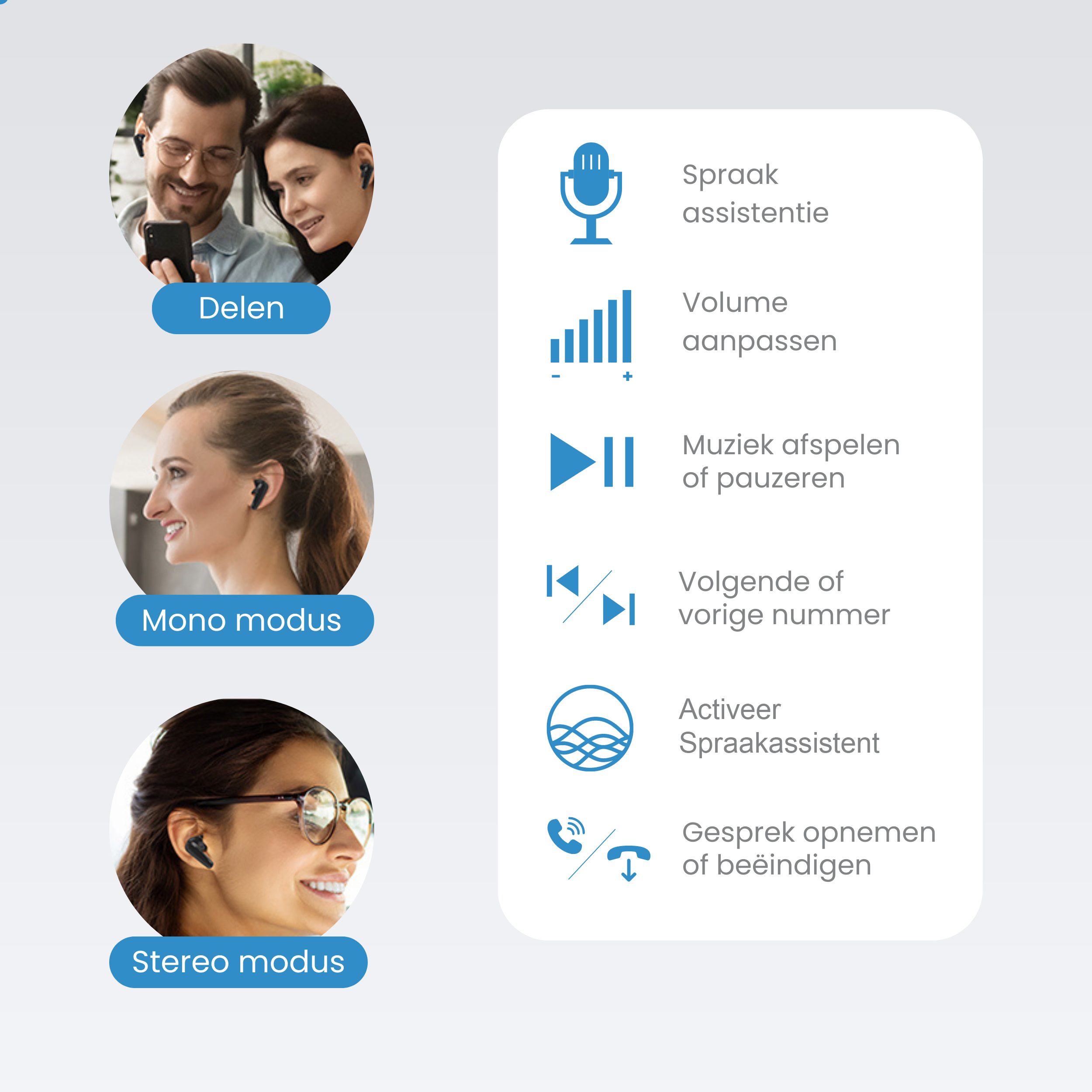 Man and woman look at phone, icons for volume, music, track, and calls.