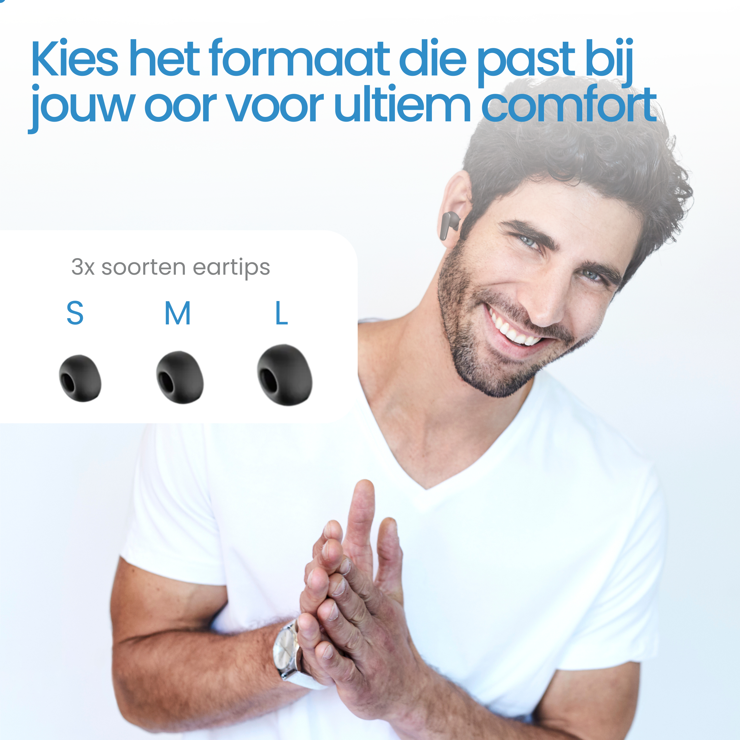 Man with earbuds, sizes S, M, L shown.