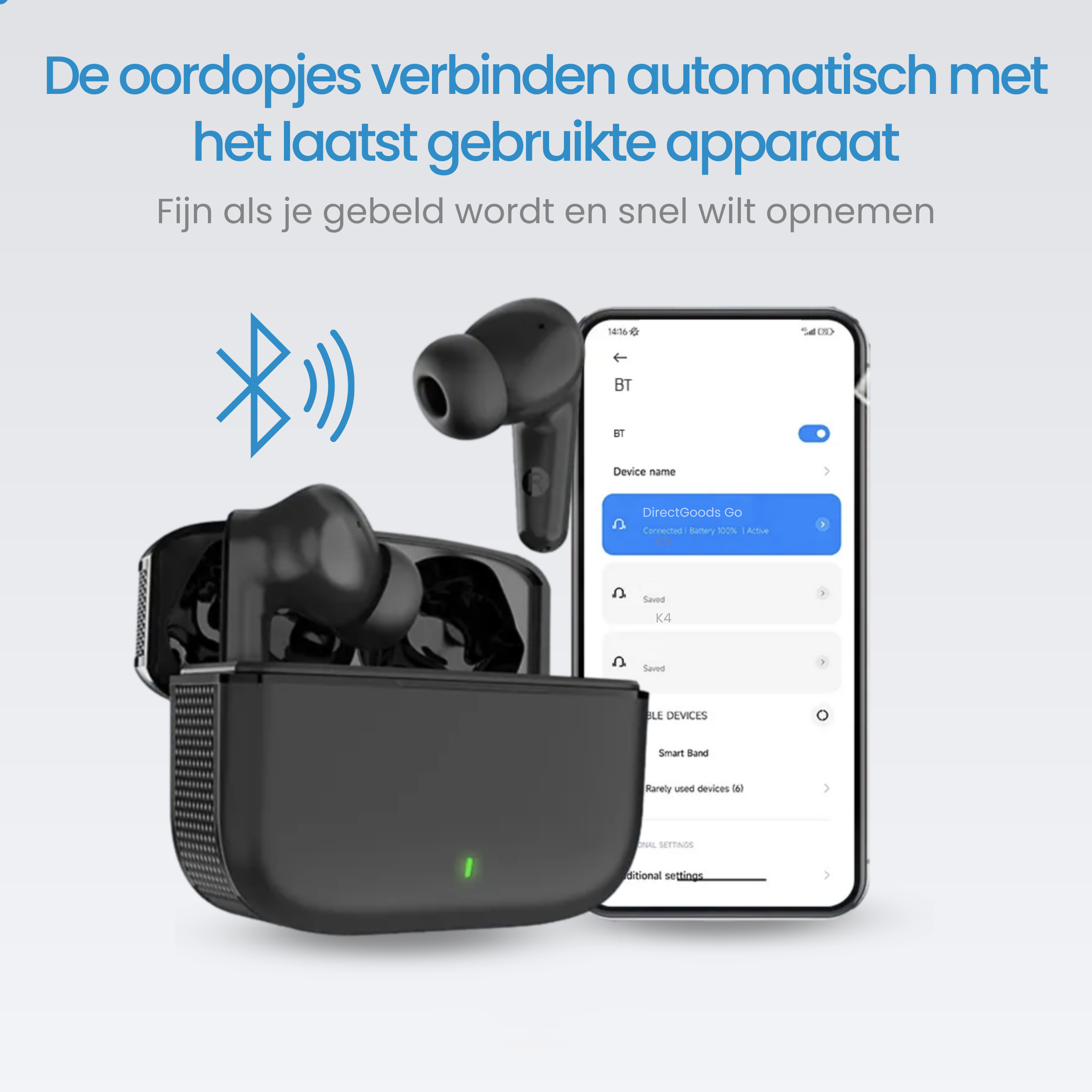 Black wireless earbuds with charging case and smartphone screen.