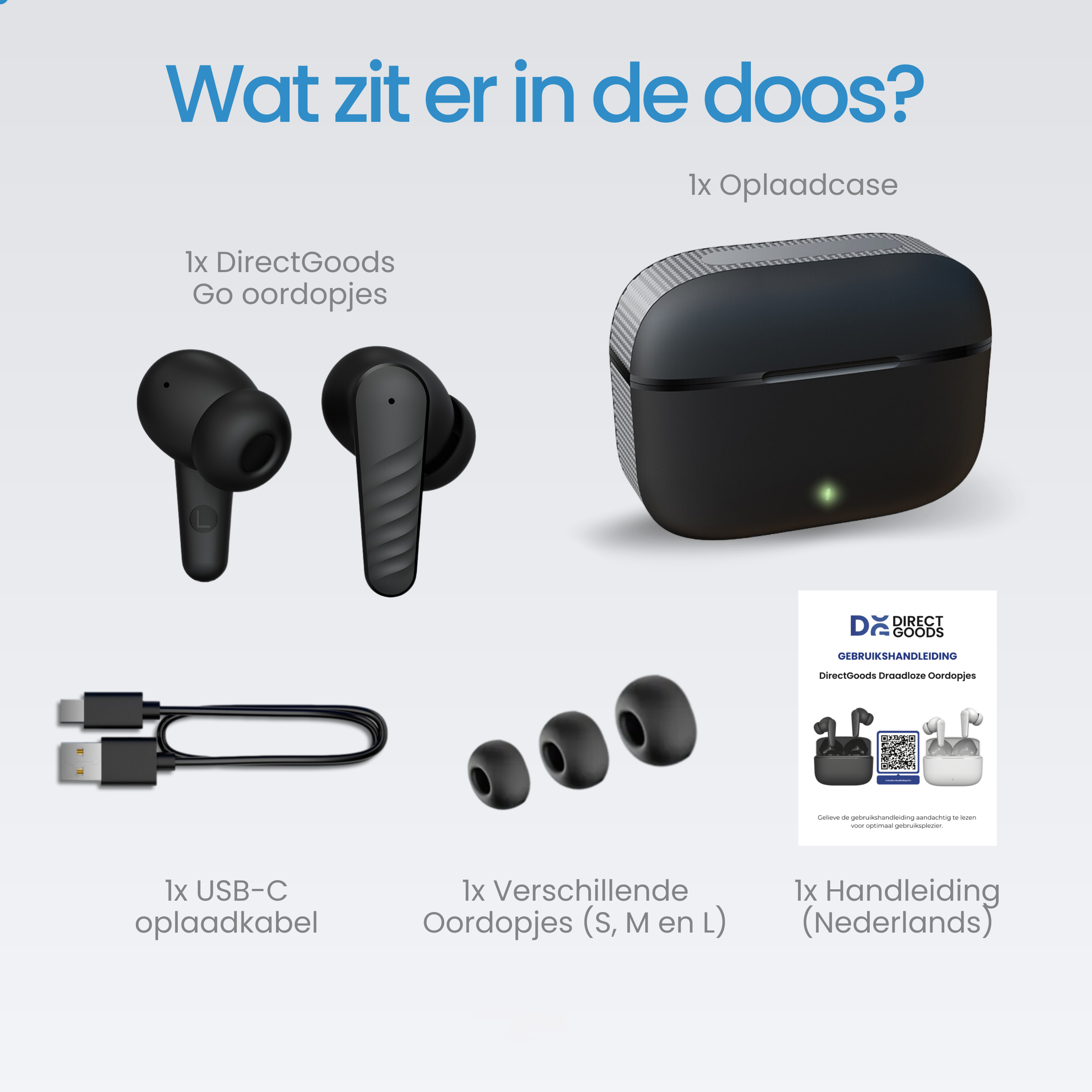 Box contents: Earbuds, charging case, cable, ear tips, and manual.