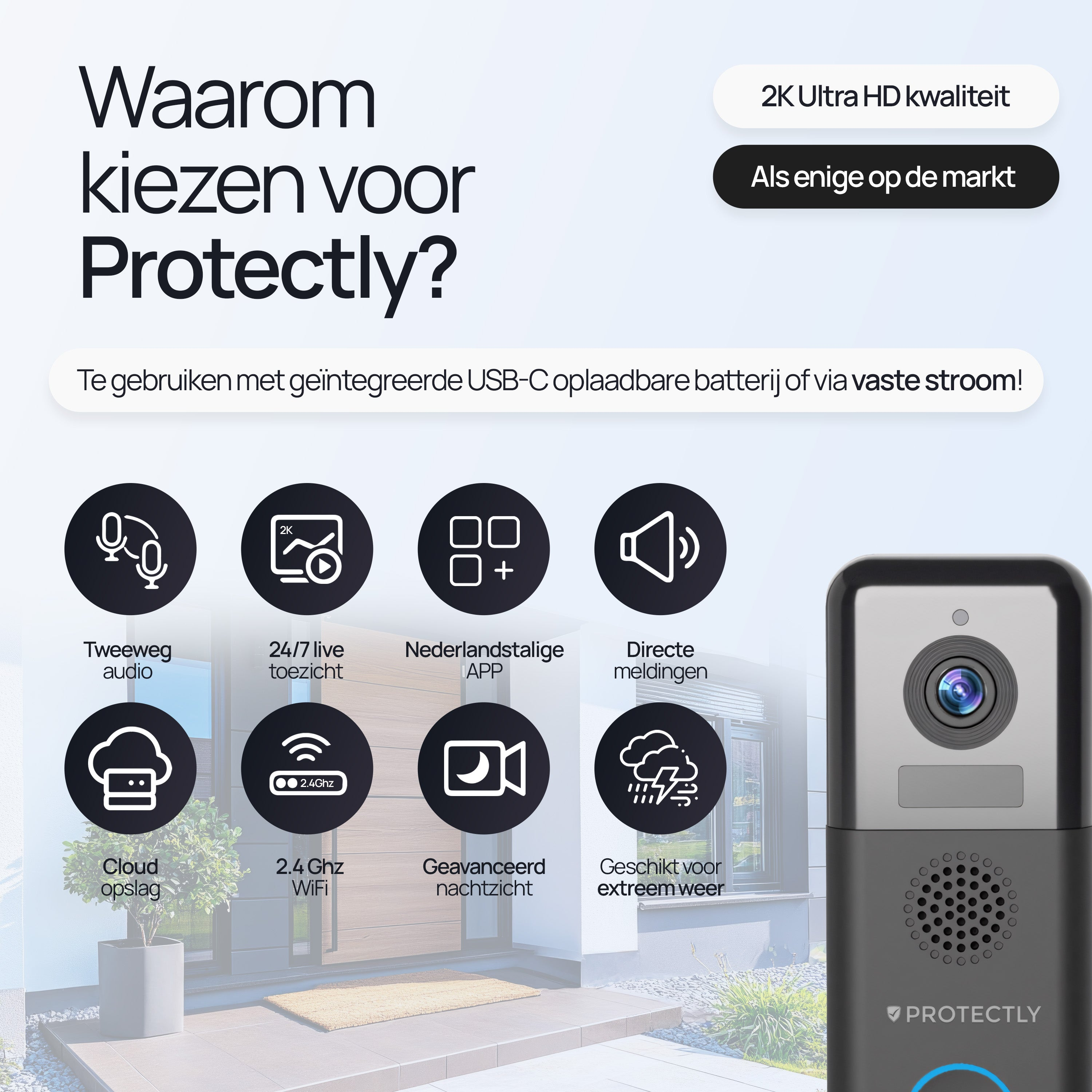 Productafbeelding: Deurbelcamera met tweeweg-audio, 2K HD, nachtzicht en weersbestendigheid.