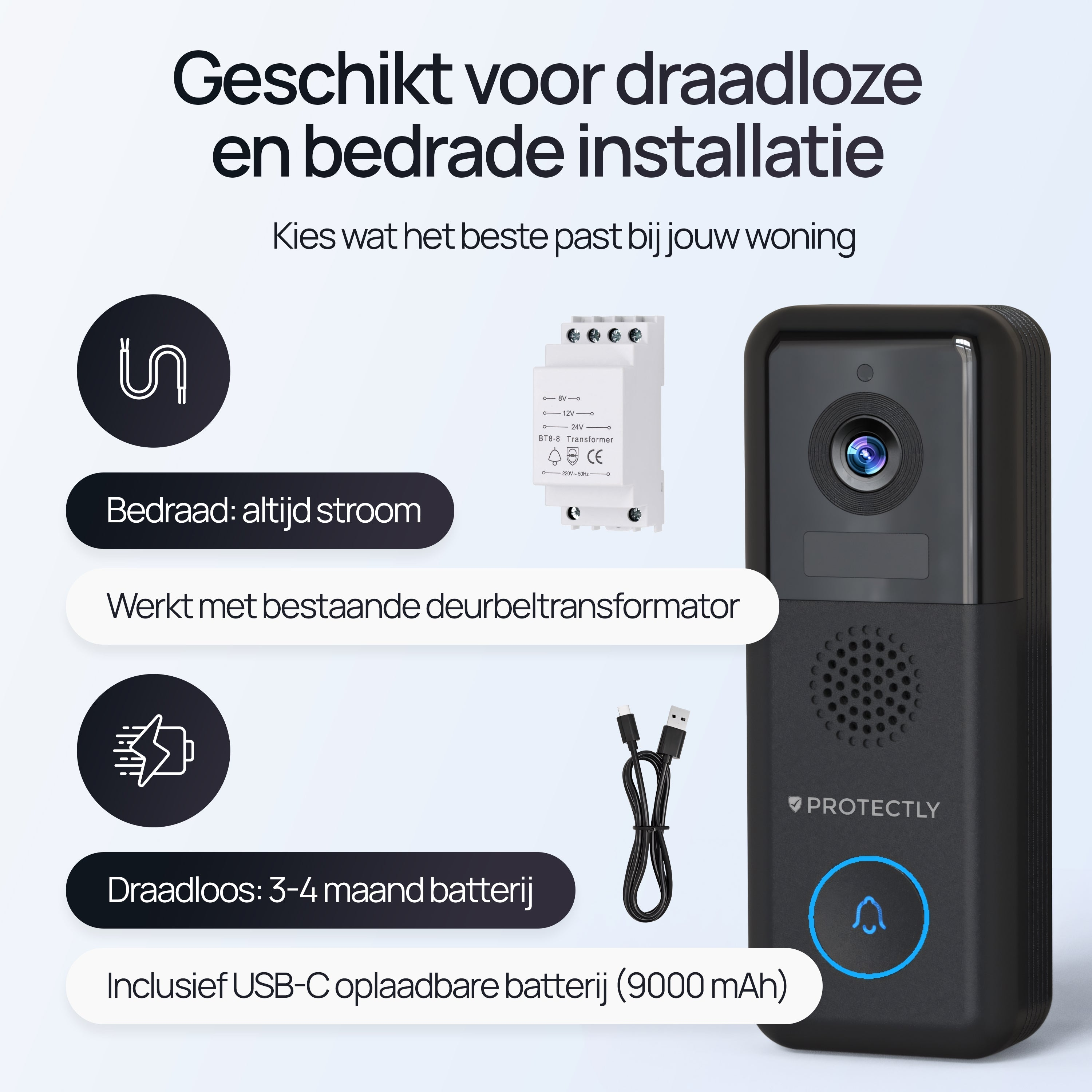 Deurbel met transformator, USB-C kabel en tekst: "Geschikt voor draadloze en bedrade installatie."