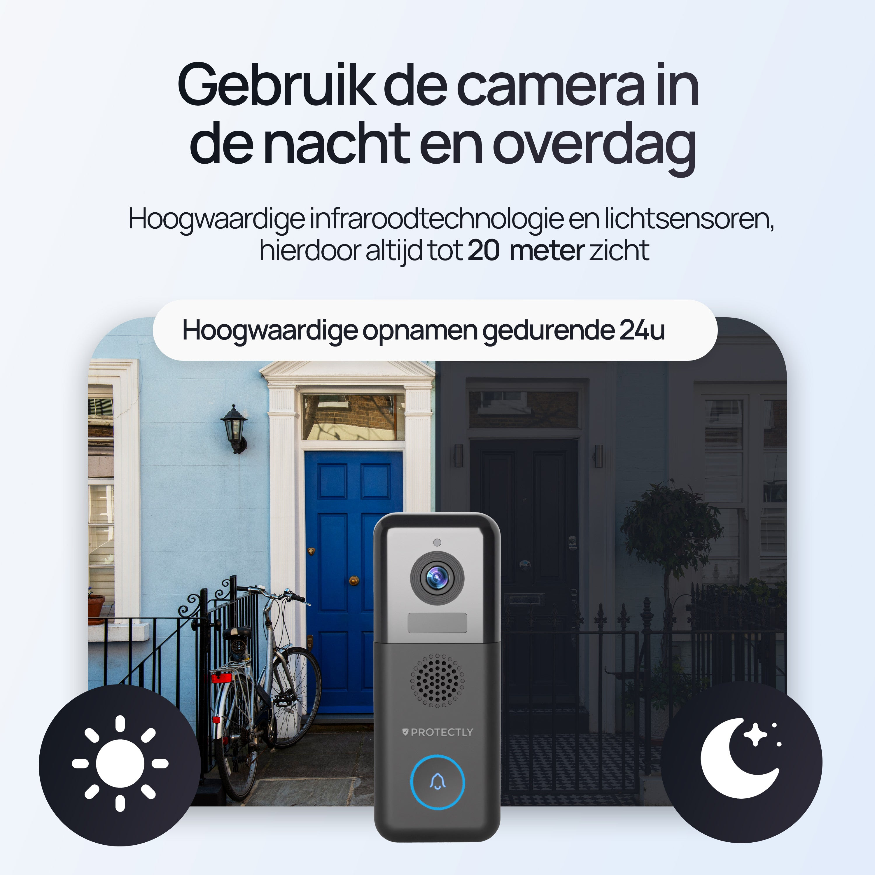 Lichtblauw huis met blauwe deur, fiets en camera. Dag/nacht-iconen.