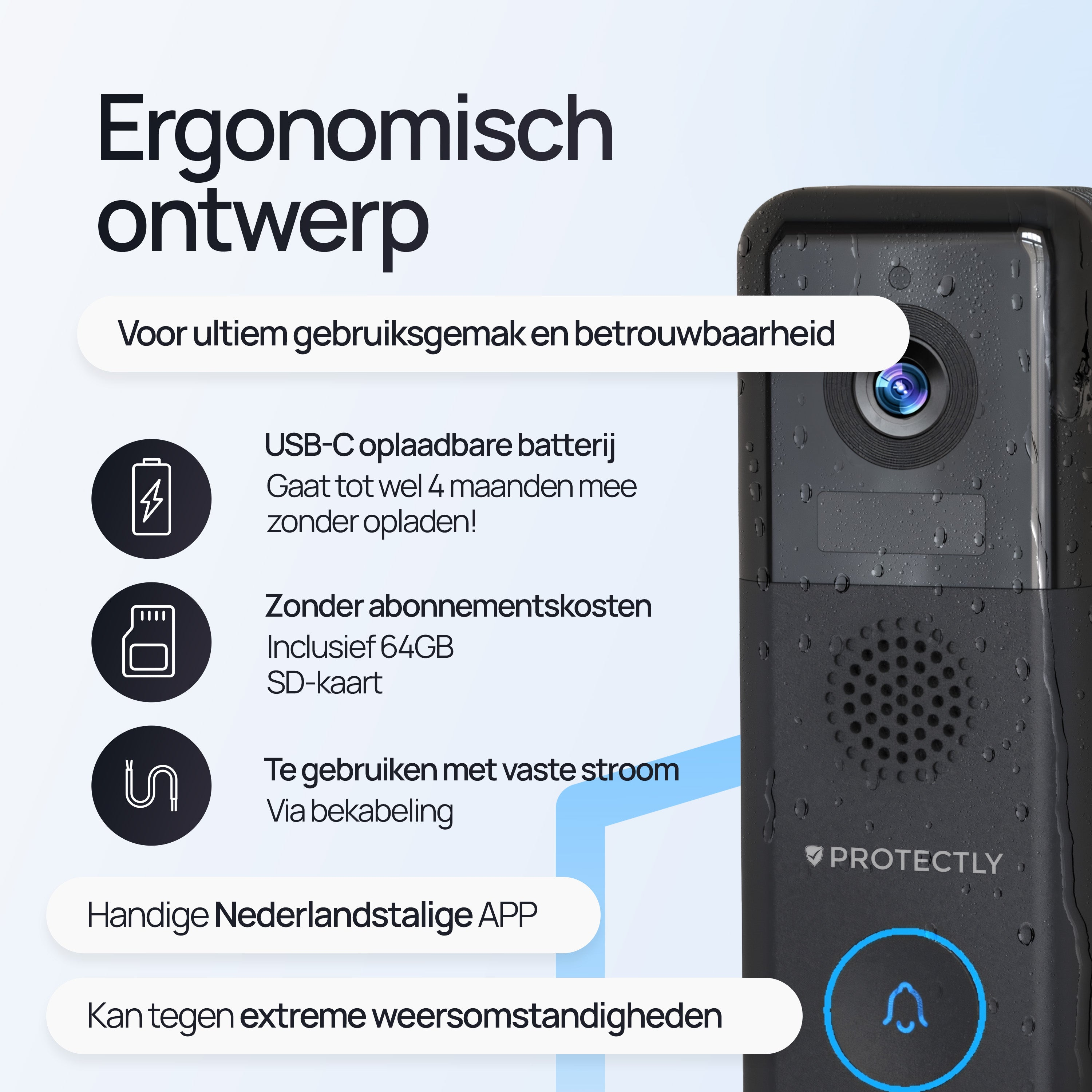 Zwarte deurbel met camera, USB-C, 64GB SD-kaart, app en weerbestendig.