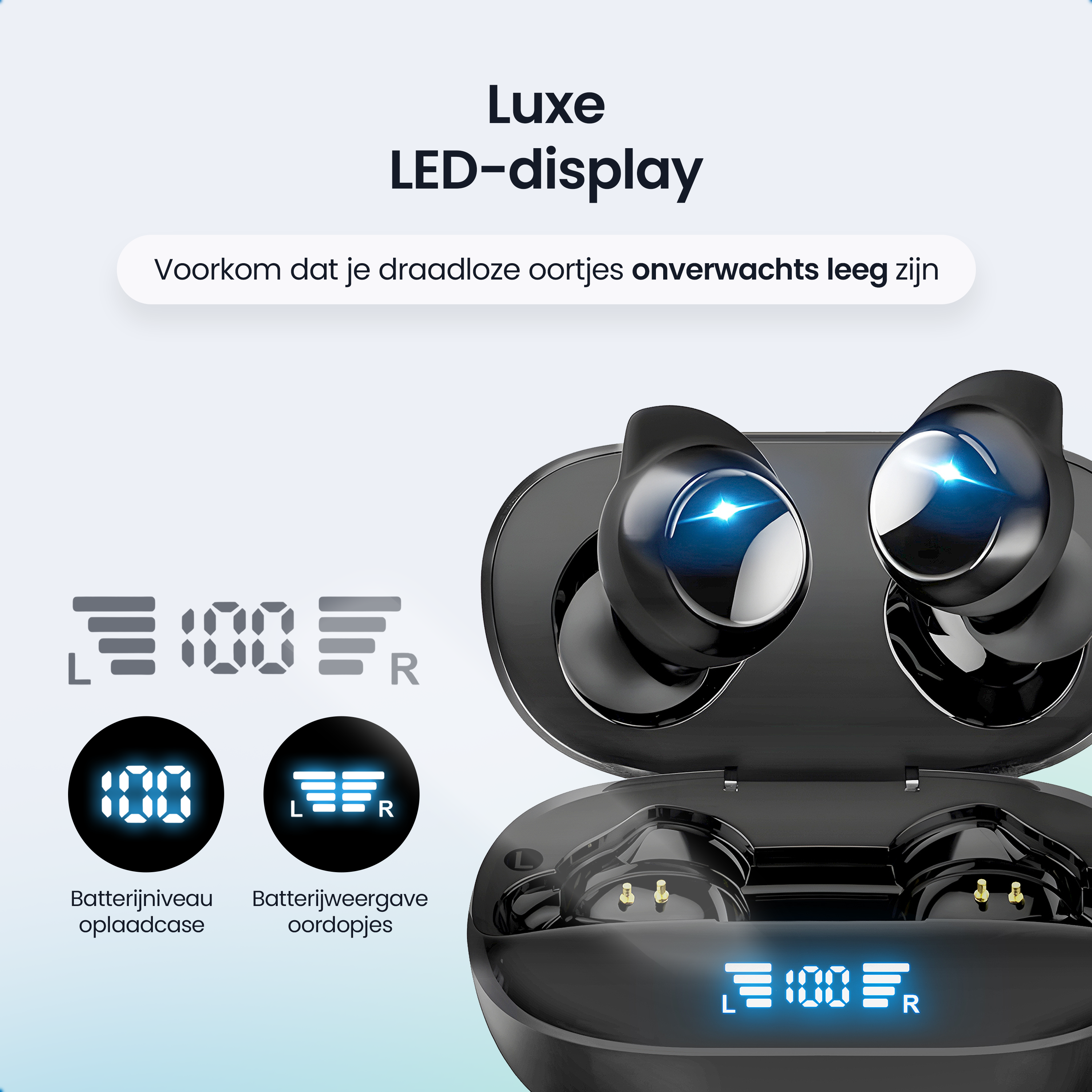 Zwarte draadloze oordopjes in hoesje met LED-display dat batterijniveaus toont.