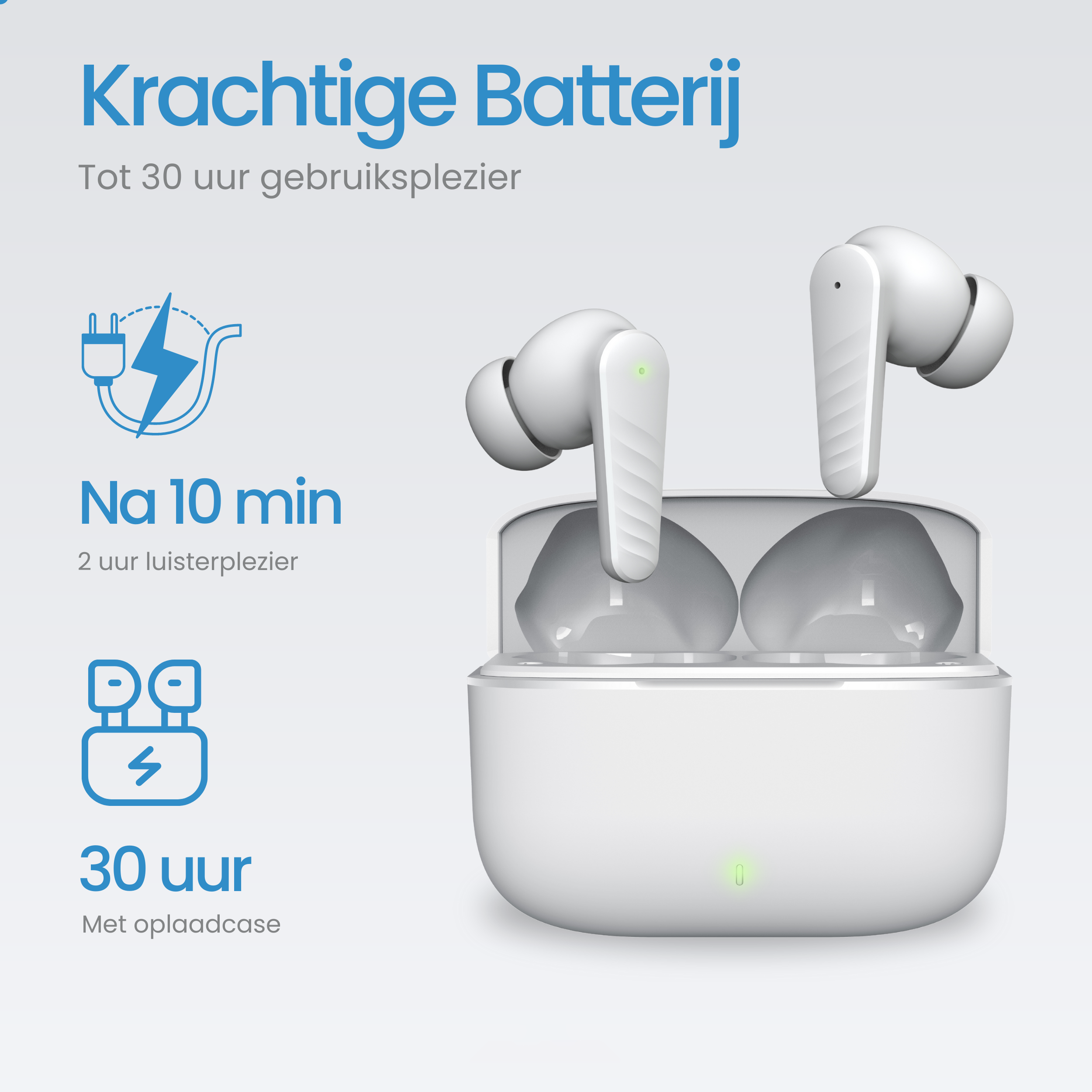 White wireless earbuds with charging case. 30 hours of battery life.