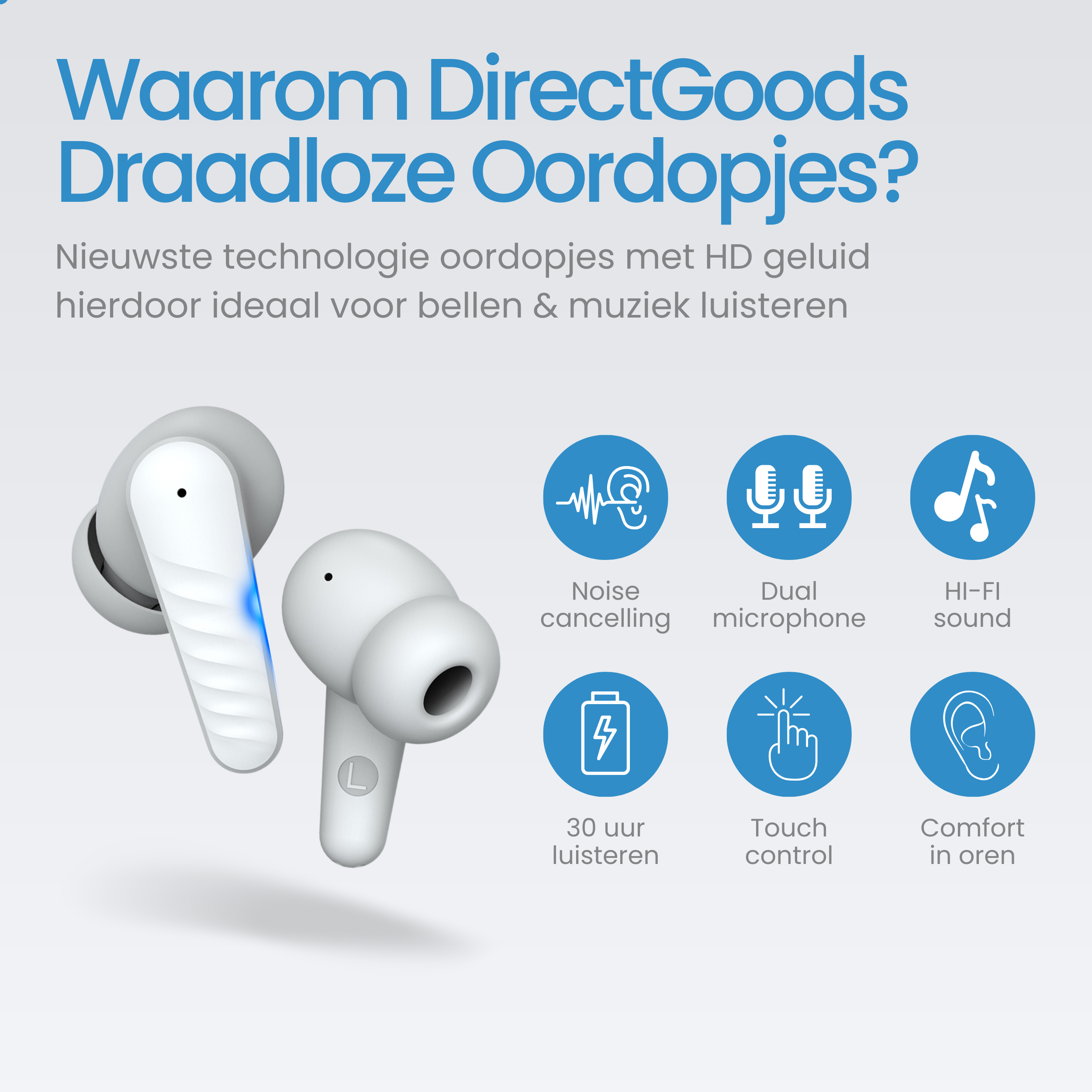 White wireless earbuds with icons for noise cancelling, mic, hi-fi sound, battery, touch.