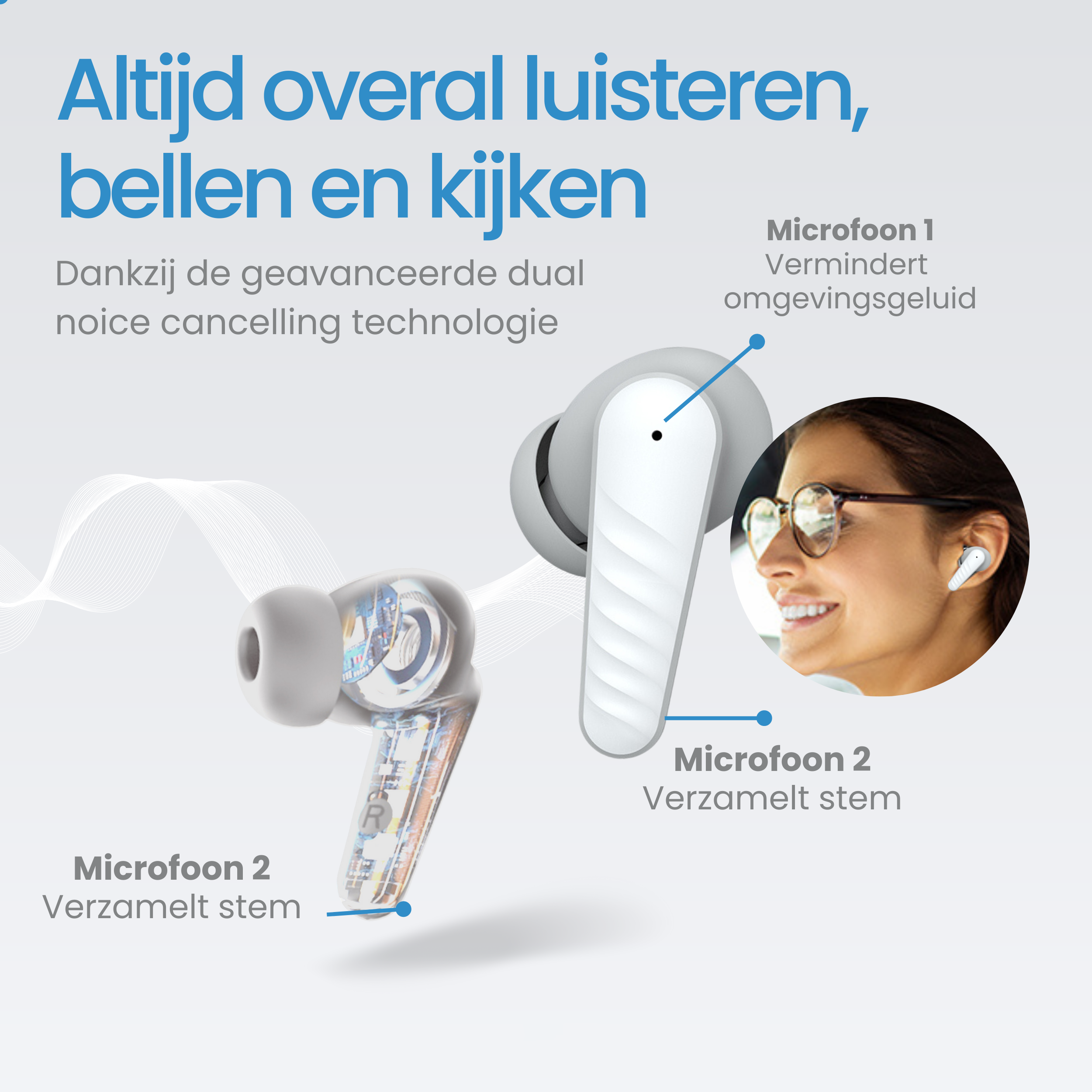 A white and transparent earbud with lines. A microphone is marked with blue.
