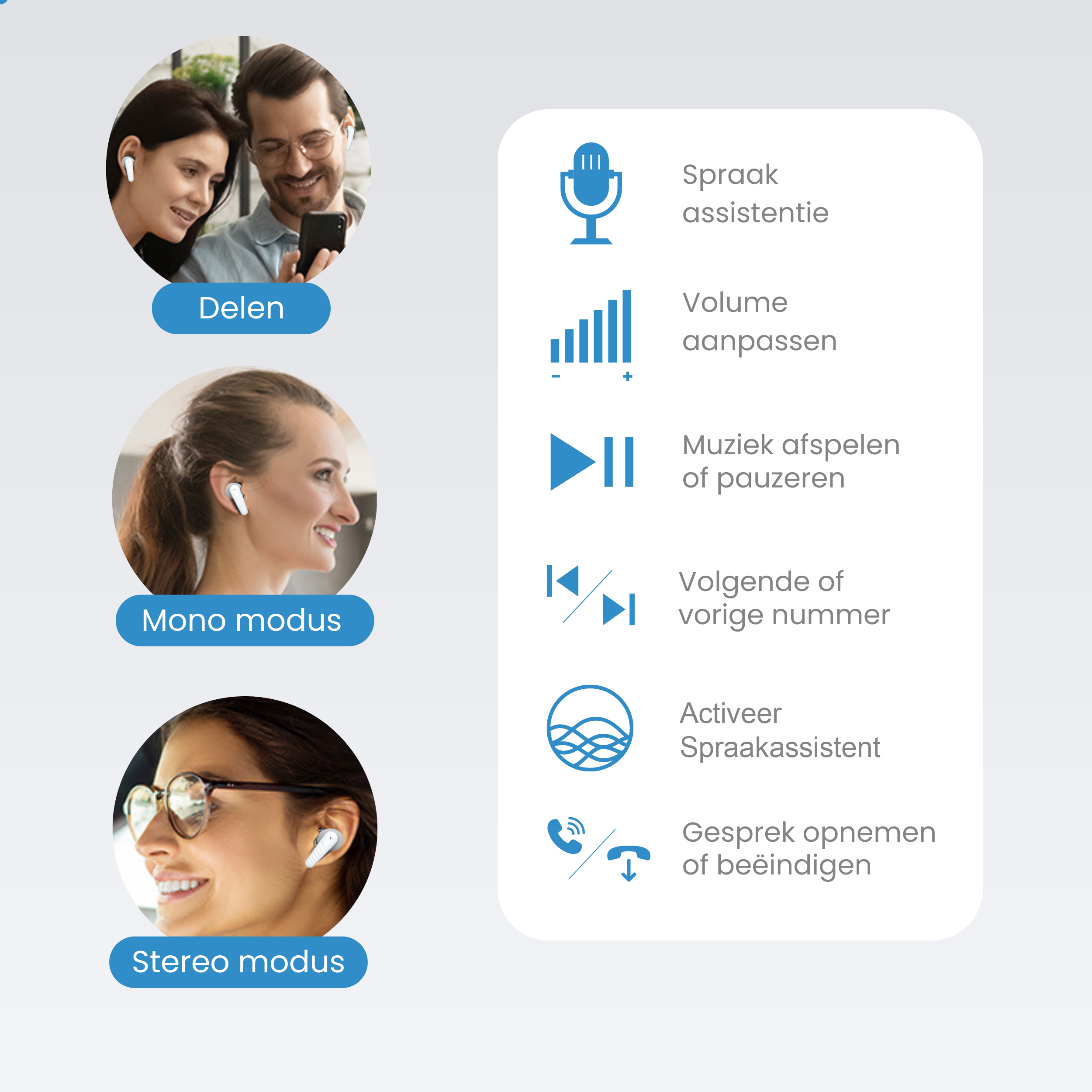 Images of people with earbuds & features like voice assistant.