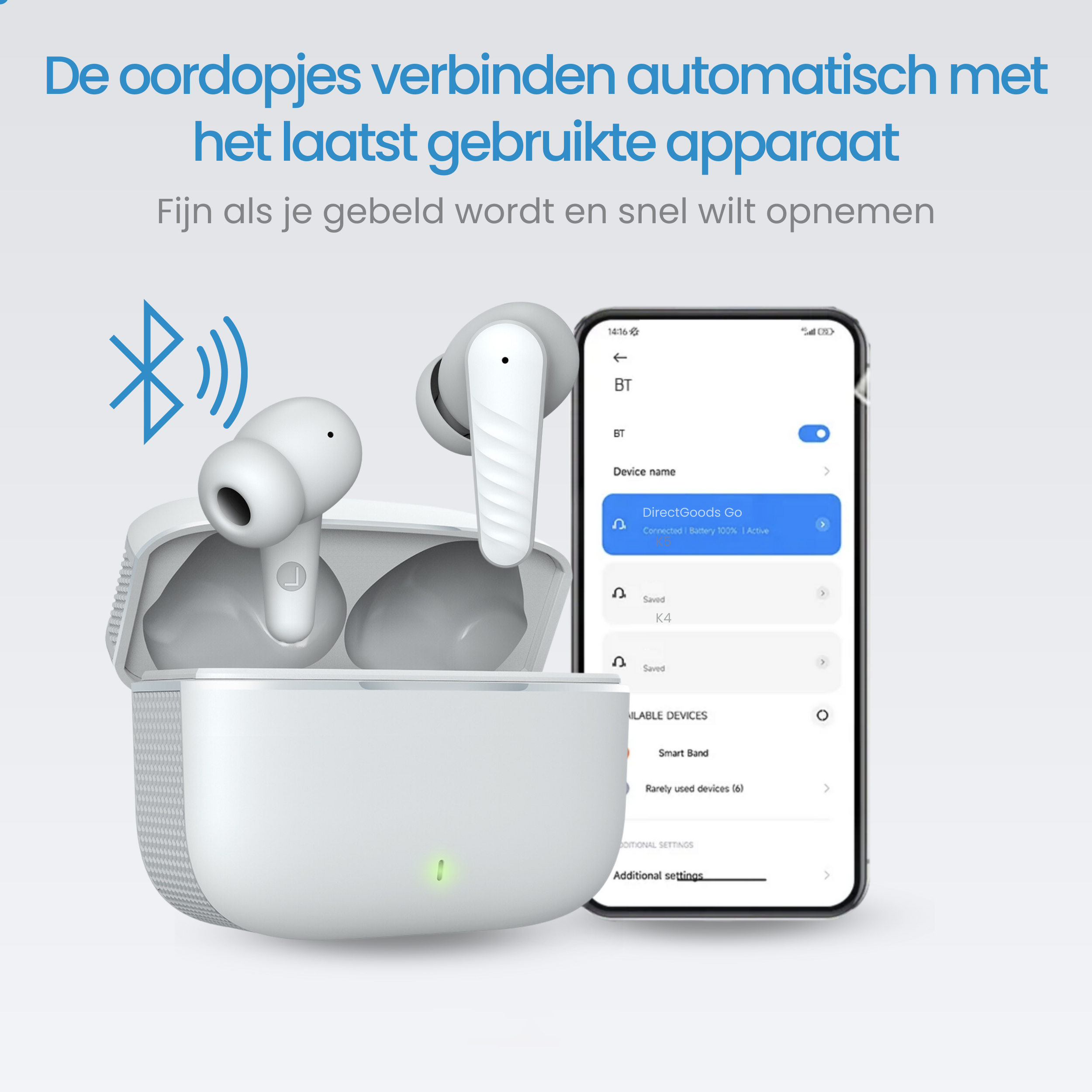 White earbuds and charging case next to a smartphone showing Bluetooth devices.