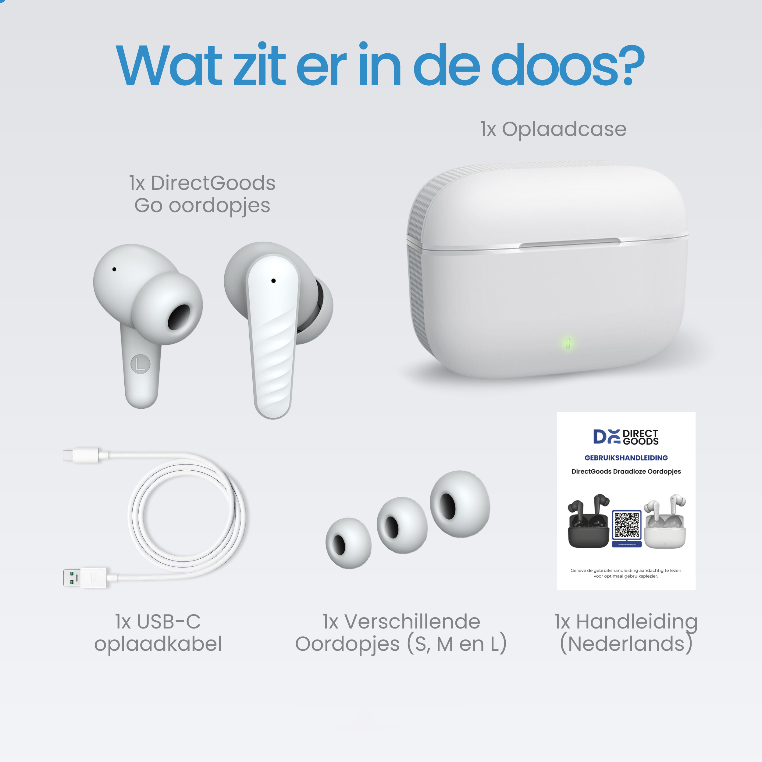 Contents of a headphone box: white earbuds, charging case, USB-C cable, various ear tips, manual.