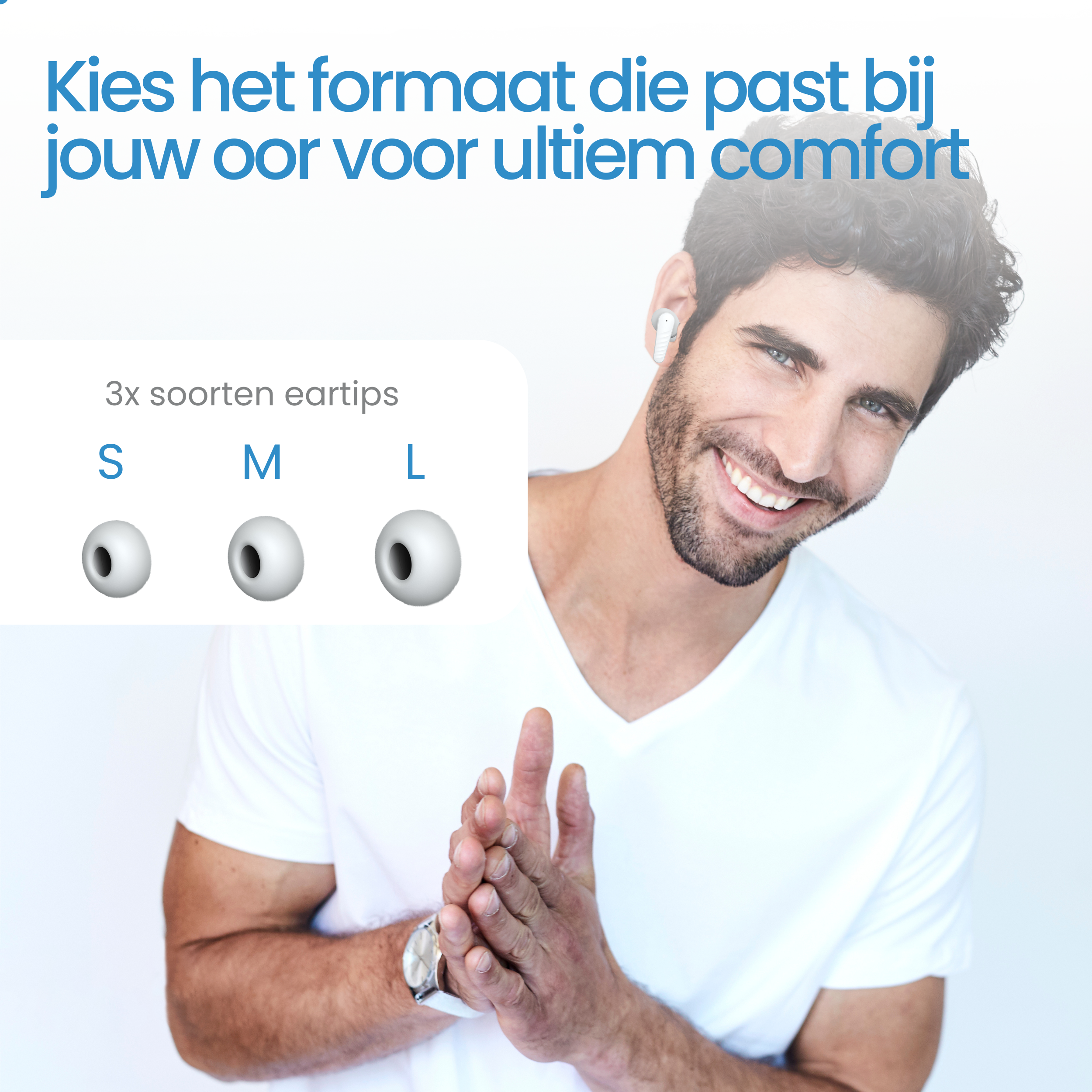 Man with earbuds and eartips S, M, L. Text: Choose the size.