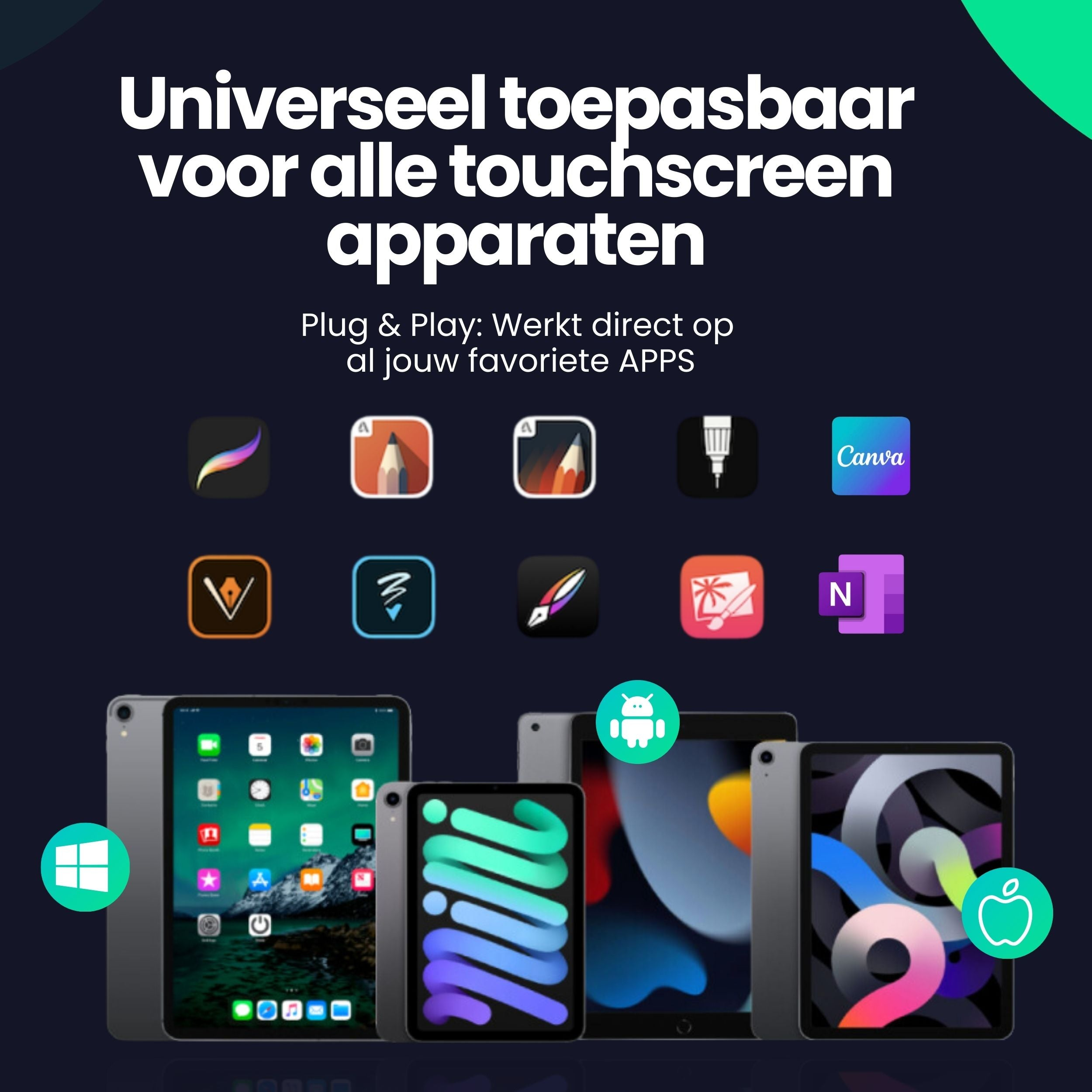 Tablets with various app icons and text 'Universally applicable for all touchscreen devices'.