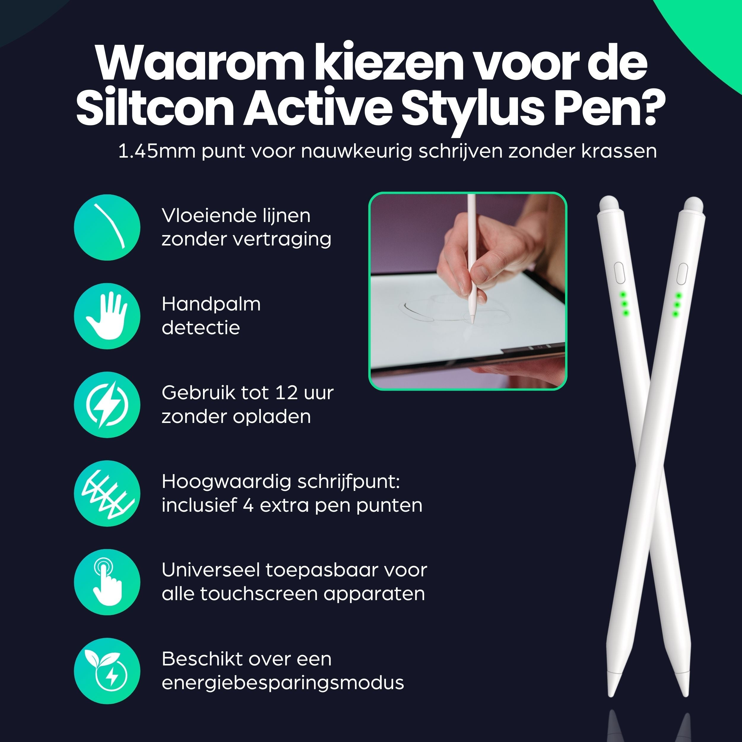 Siltcon Active Stylus Pen: 1.45mm tip, palm rejection, 12h battery, extra nibs.