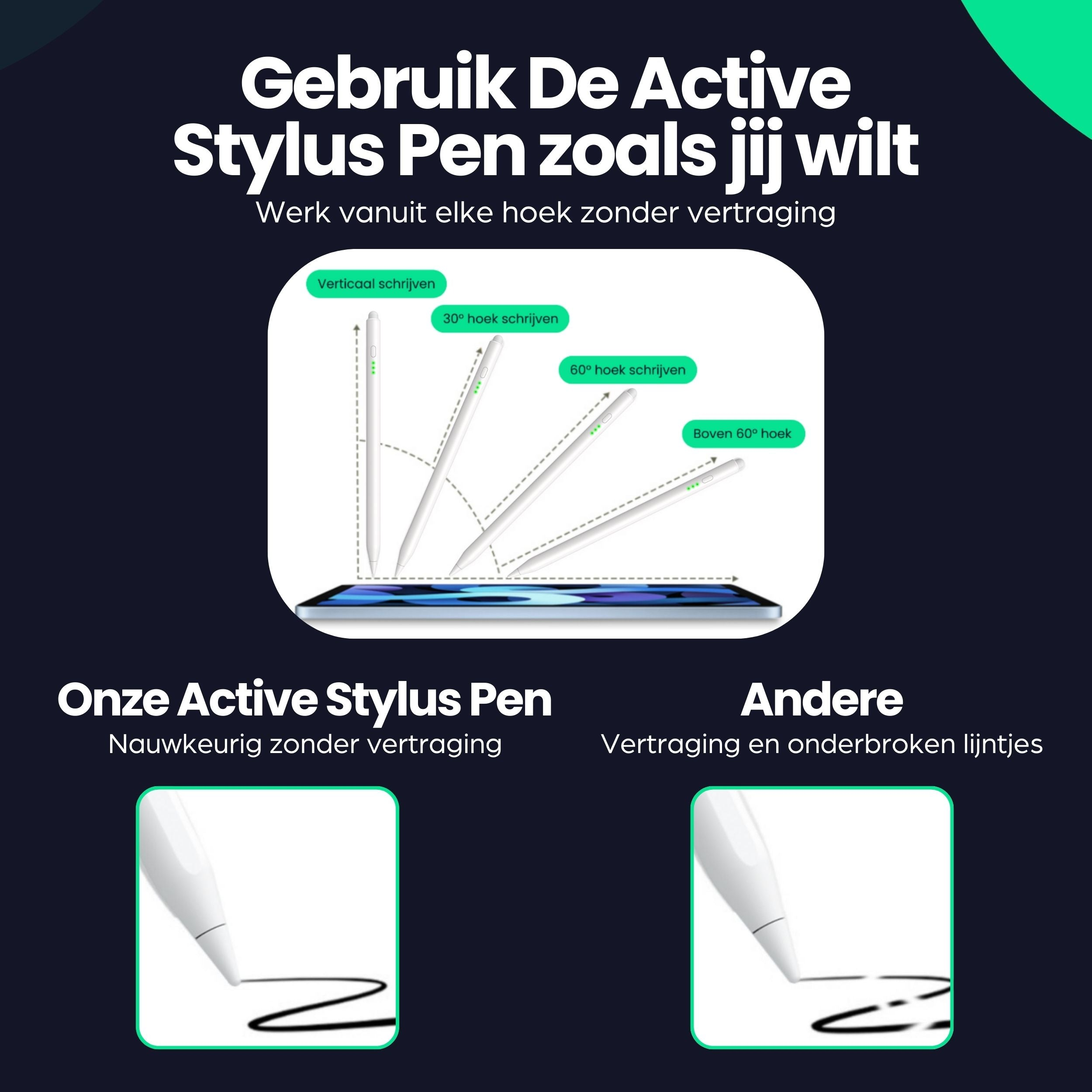 Graphic shows a white stylus pen at various angles above a tablet.