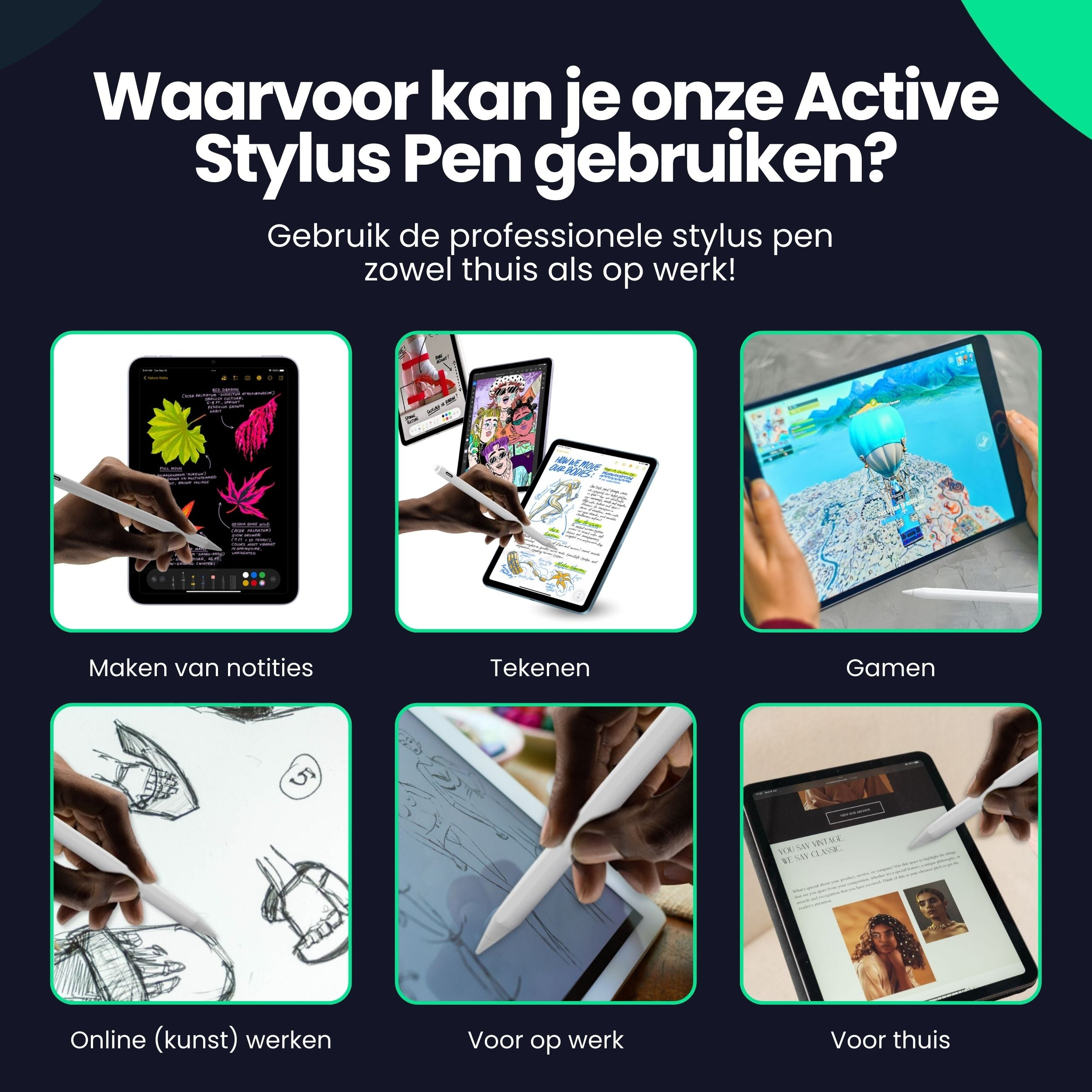Six examples of using a stylus pen on tablets: notes, drawing, gaming, art, work, and home.