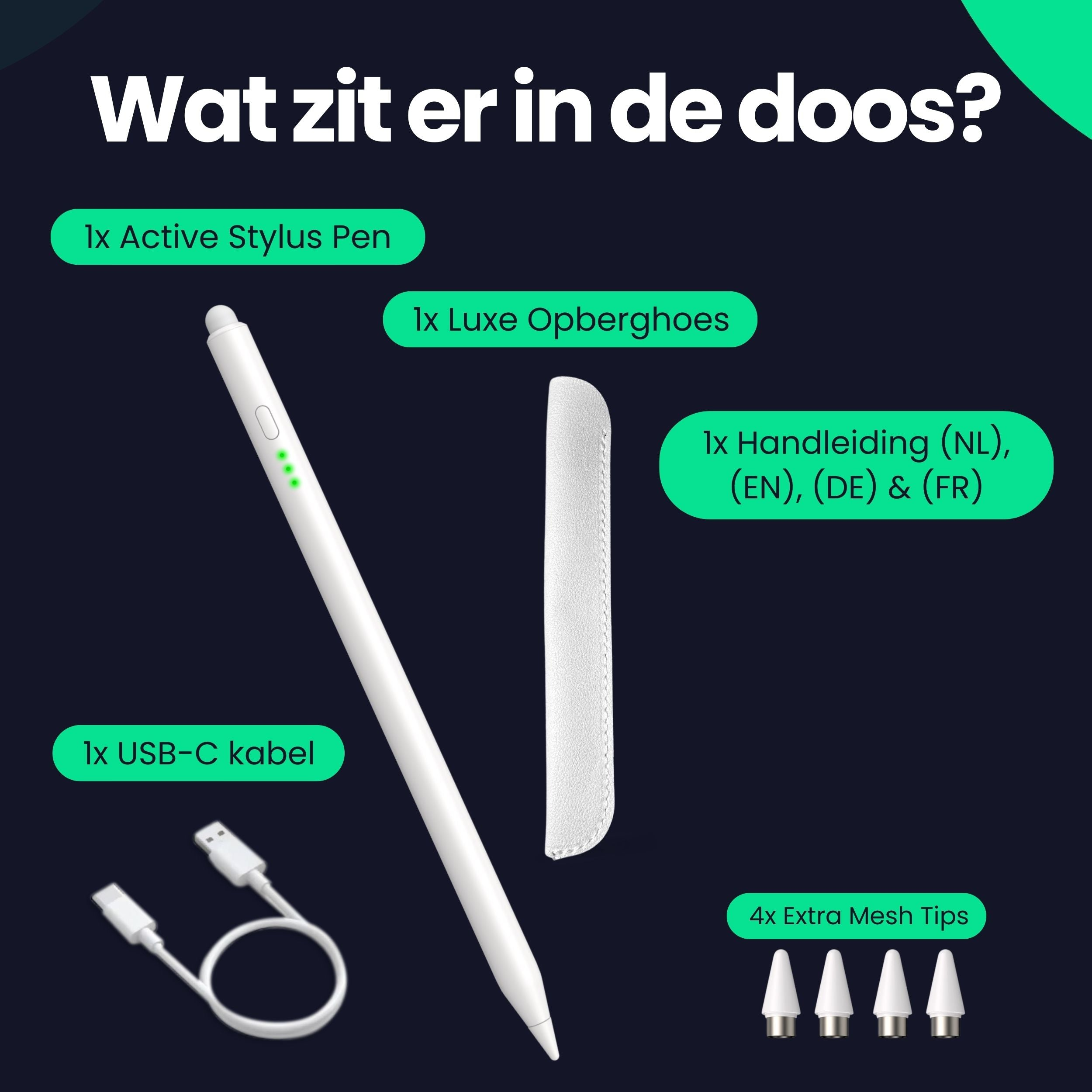 An active stylus, a case, a USB-C cable, tips & manual.