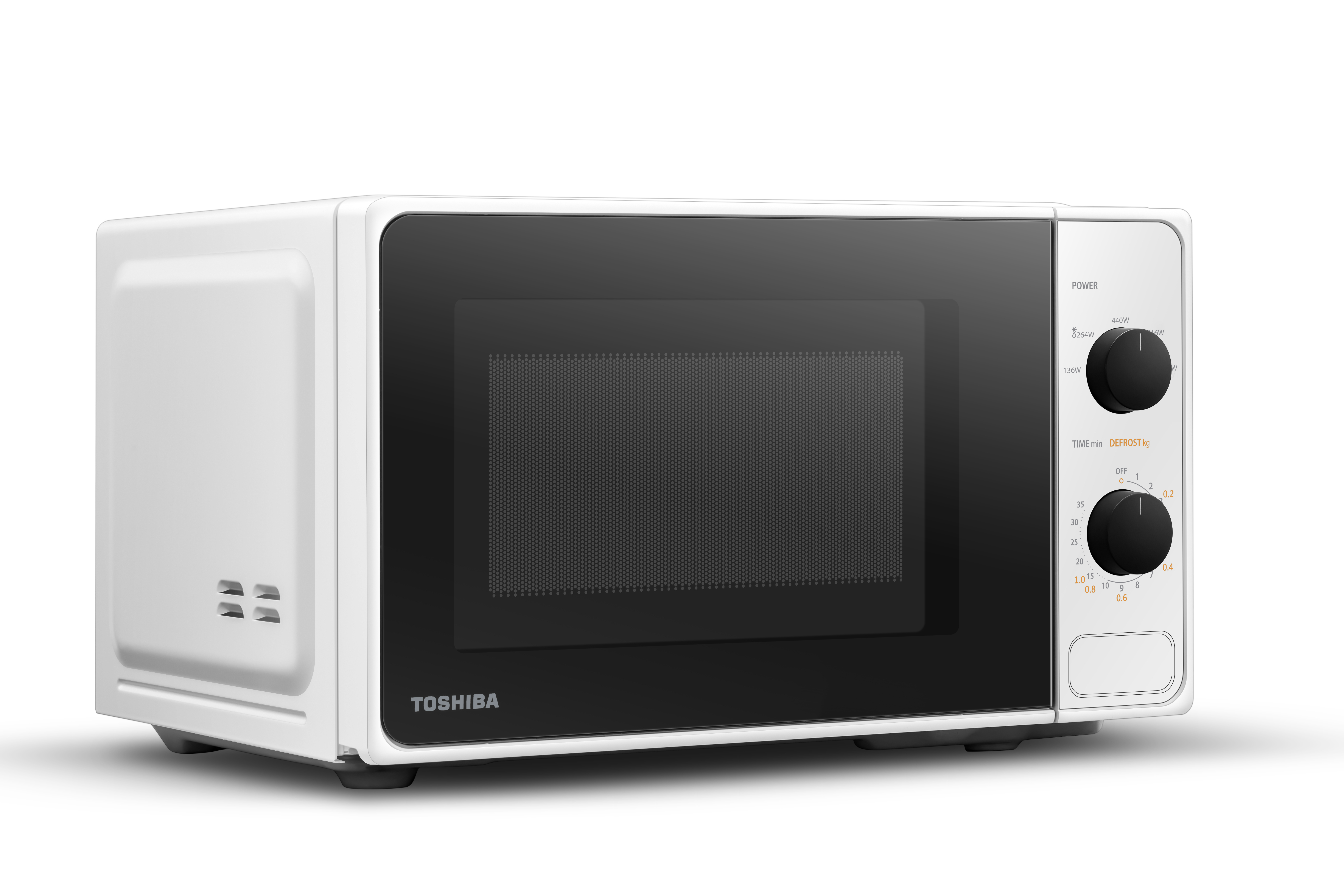 Un microondas Toshiba blanco con perillas negras y puerta negra.