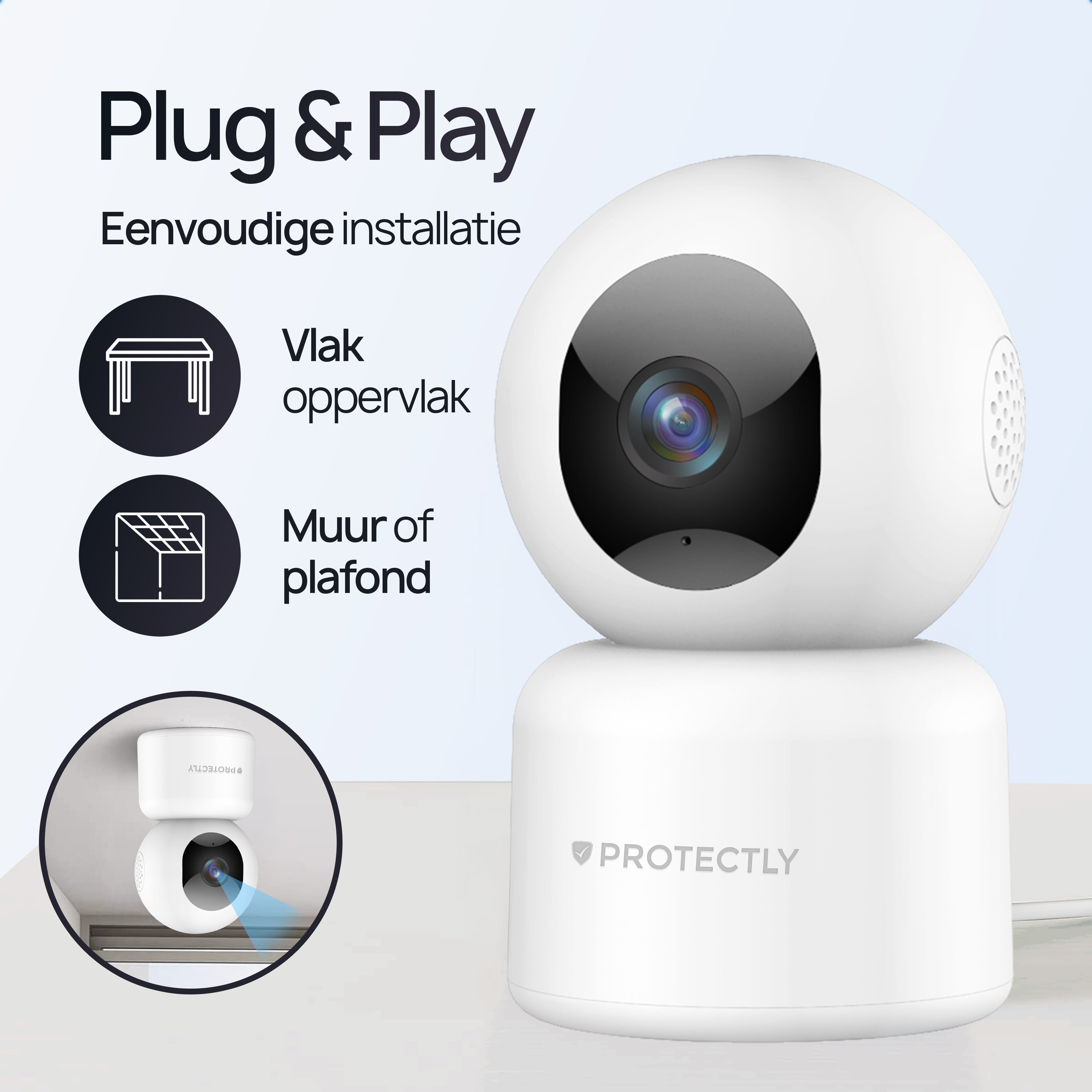 Een witte beveiligingscamera met draaibare kop op een voetstuk, plug & play.