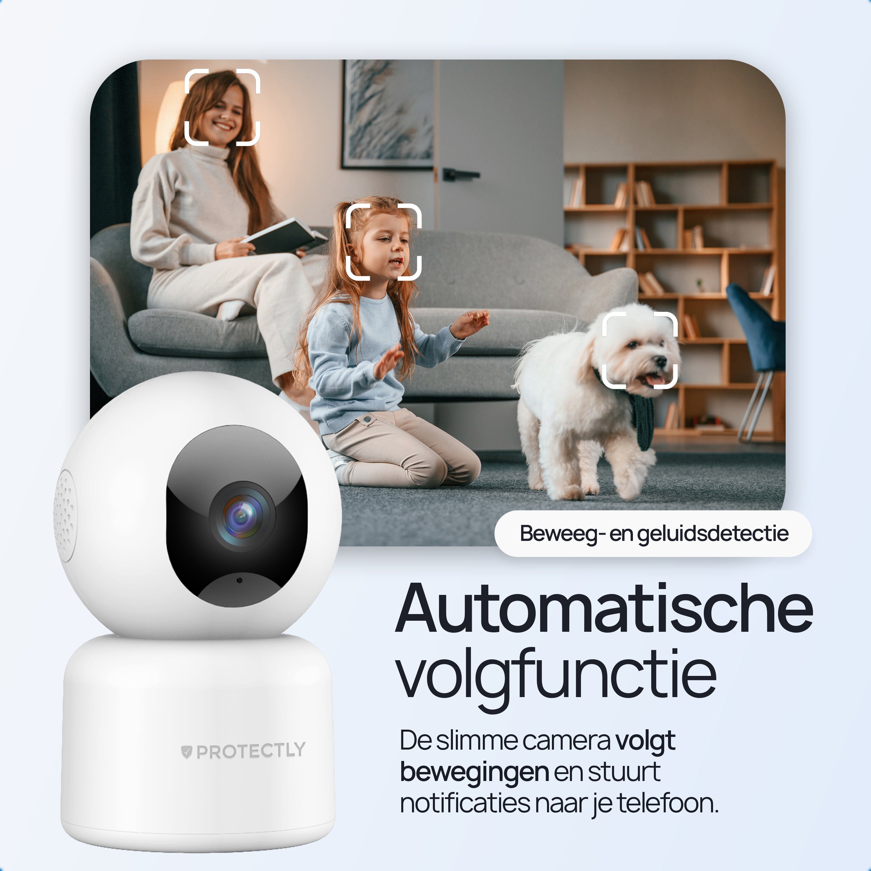 Een witte beveiligingscamera toont een vrouw, kind en hond in een woonkamer.