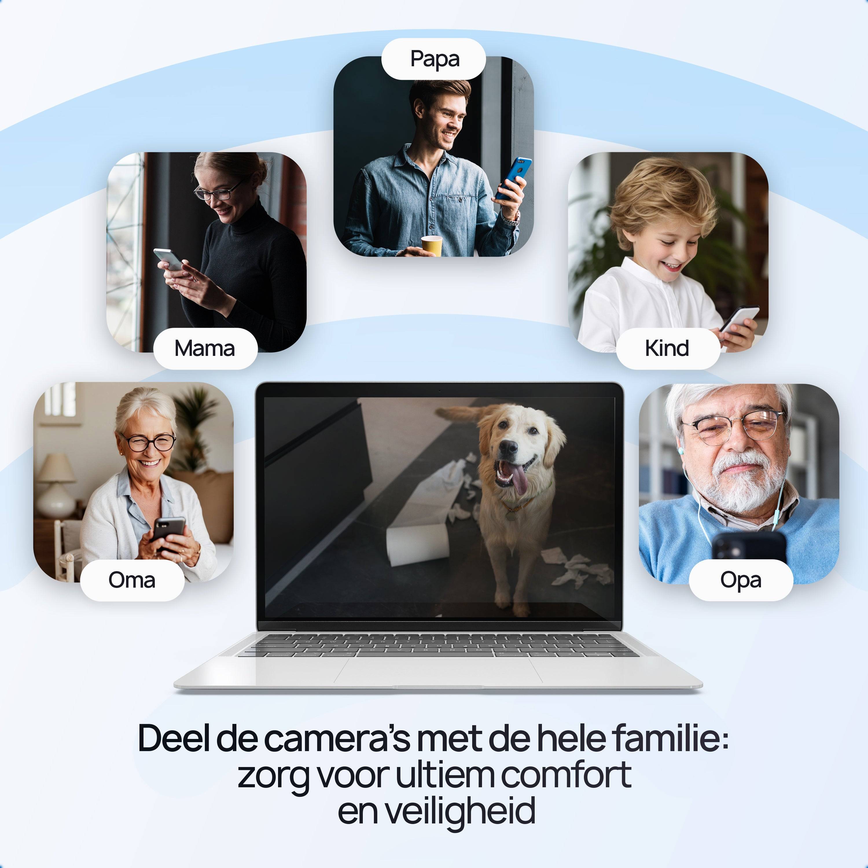 Gezinsleden kijken op smartphones, een hond op een laptopscherm.