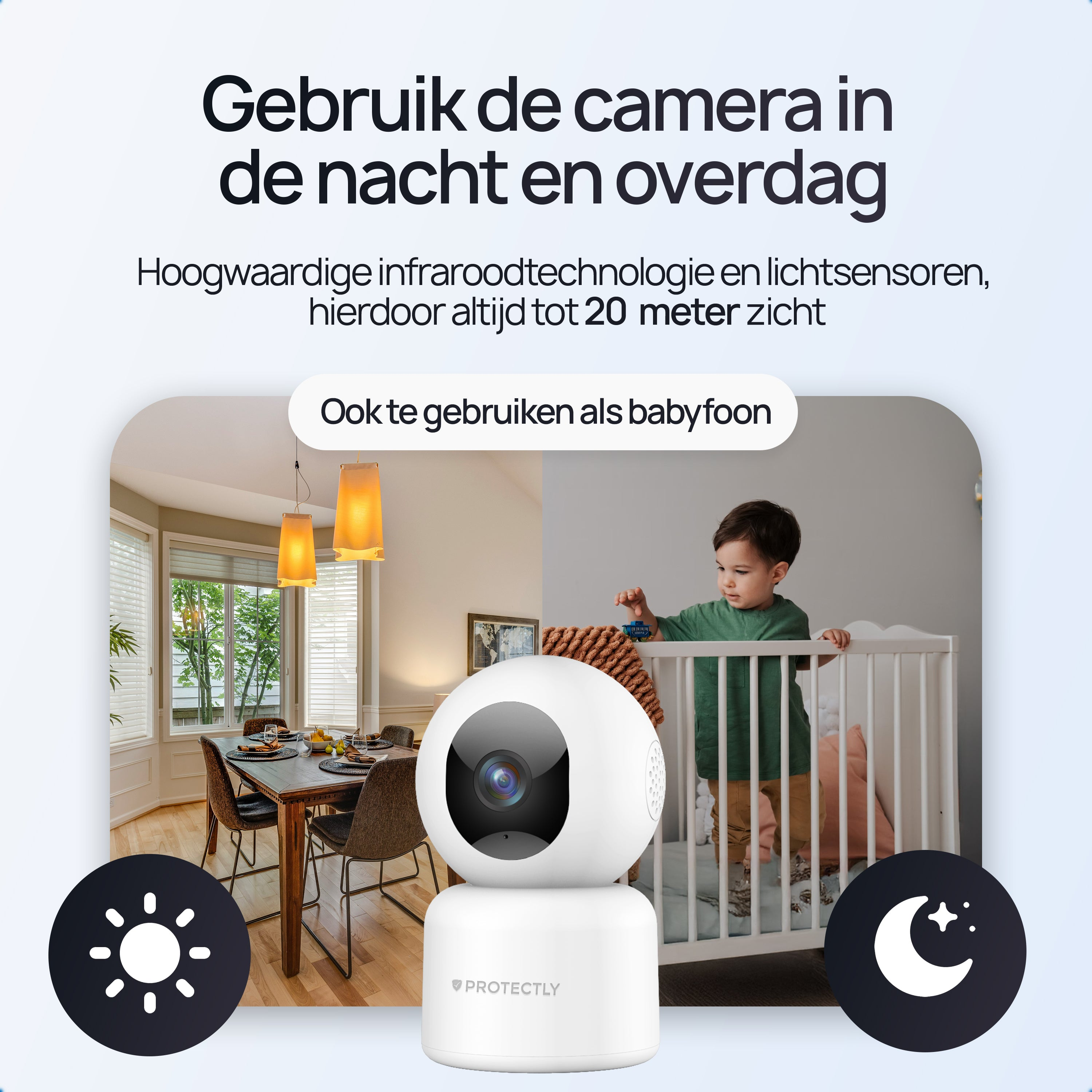 Een beveiligingscamera die dag en nacht werkt, met babyfoonfunctie.