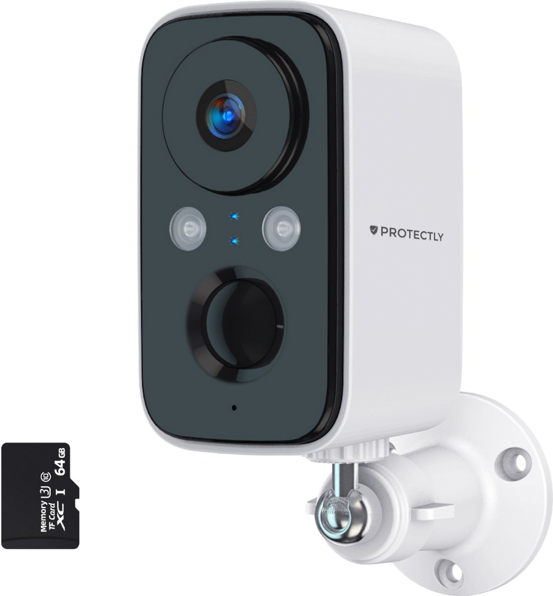 Witte beveiligingscamera met Protectly-logo, lens, lampjes en een 64GB-geheugenkaart.