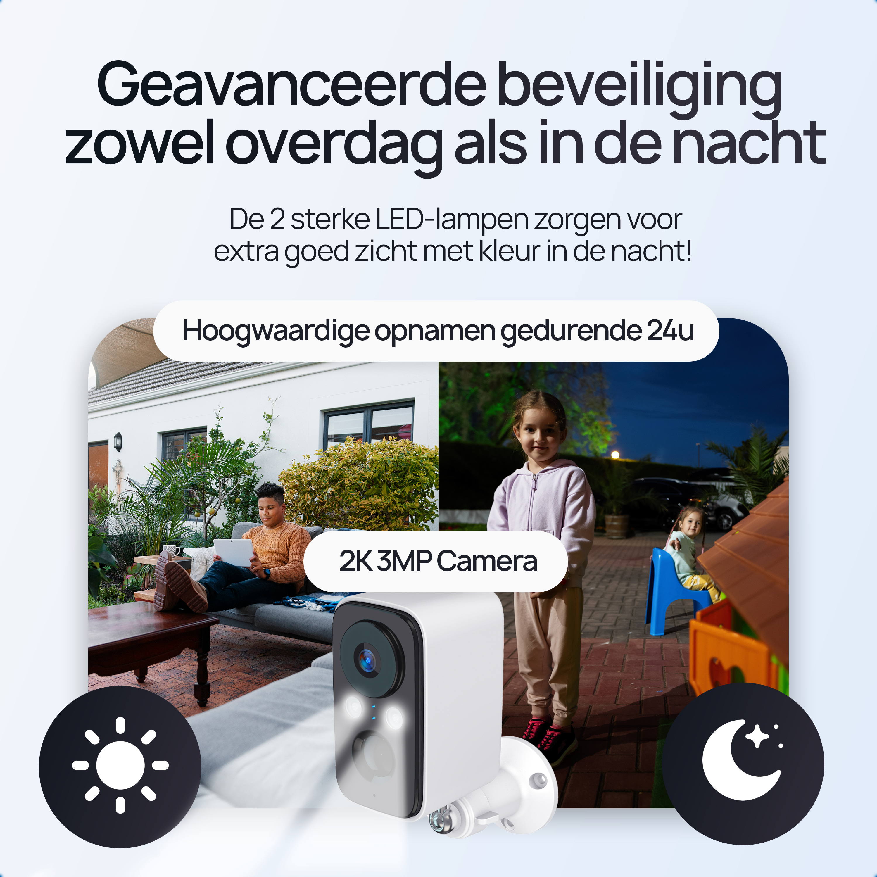Beveiligingscamera met dag- en nachtzicht, 2K 3MP resolutie.