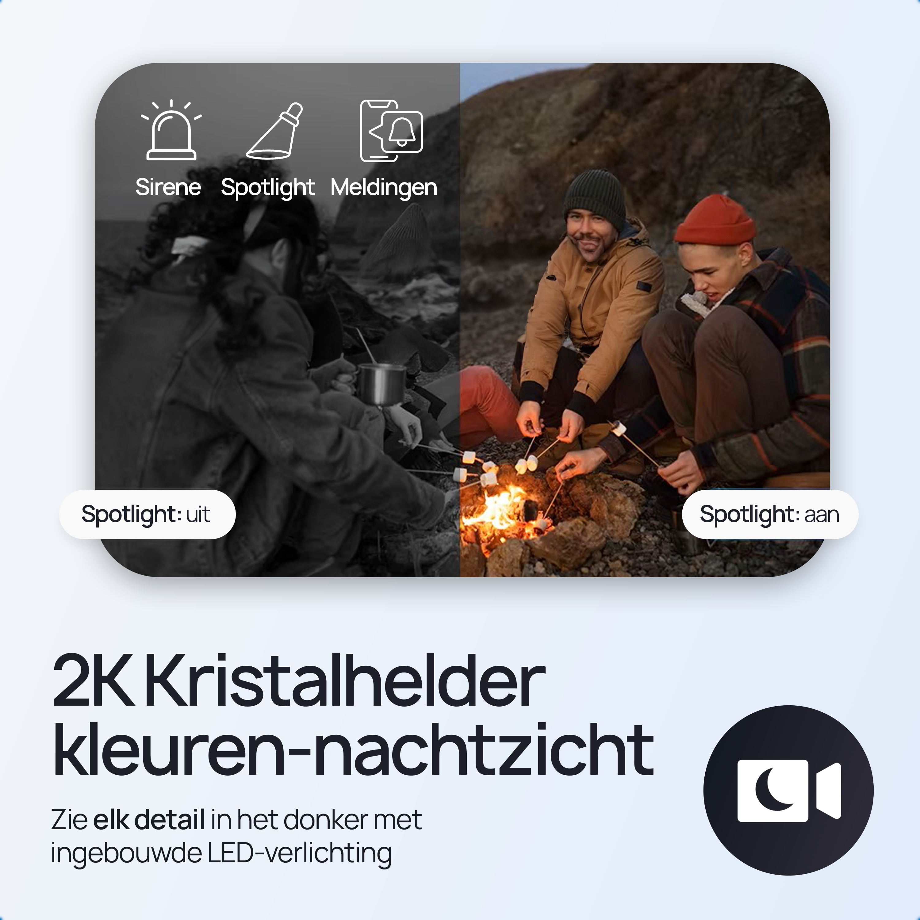 Twee scènes: Links nachtzicht, rechts vrienden bij kampvuur. Spotlight: Aan/Uit.