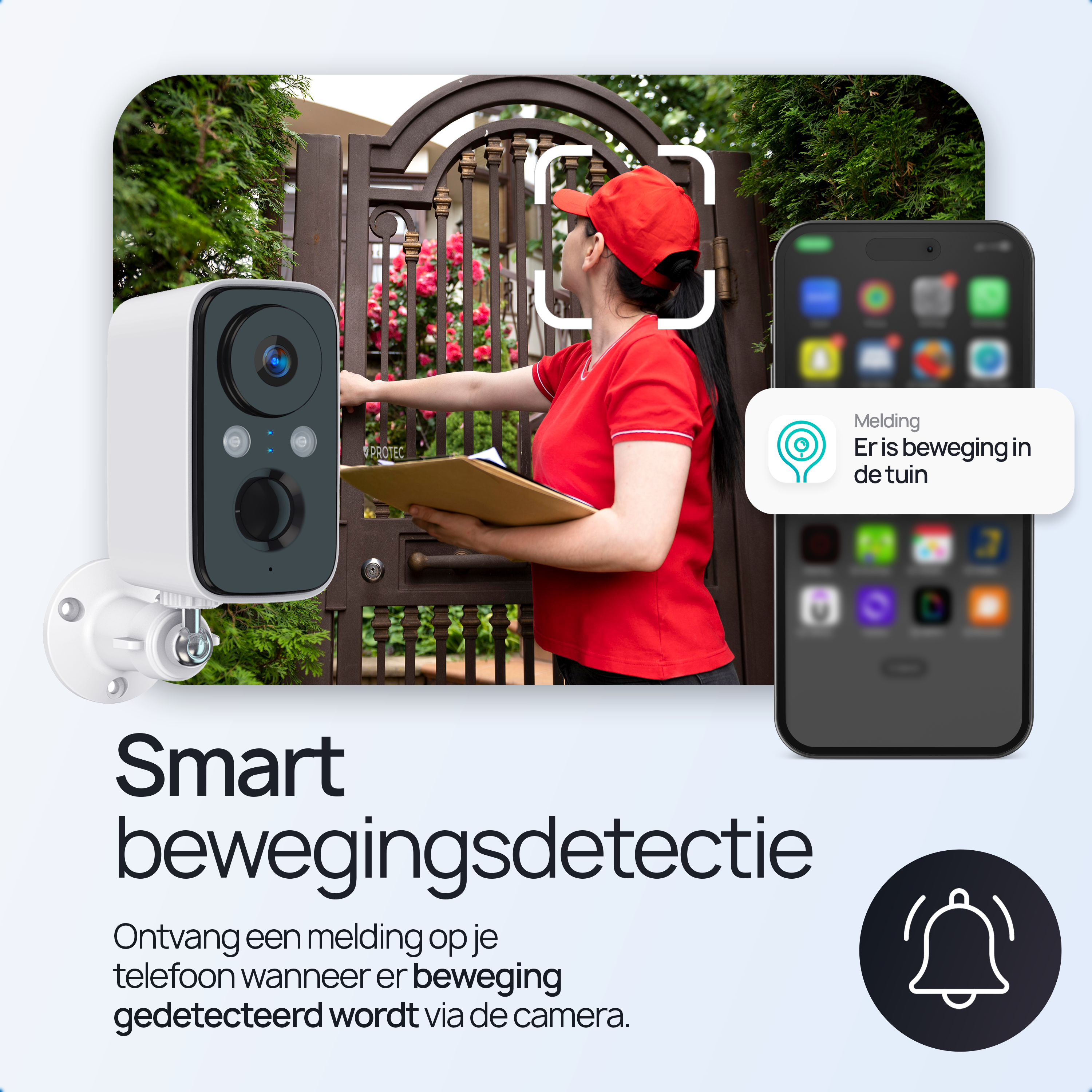 Een beveiligingscamera toont een vrouw bij een poort, met melding van bewegingsdetectie op telefoon.