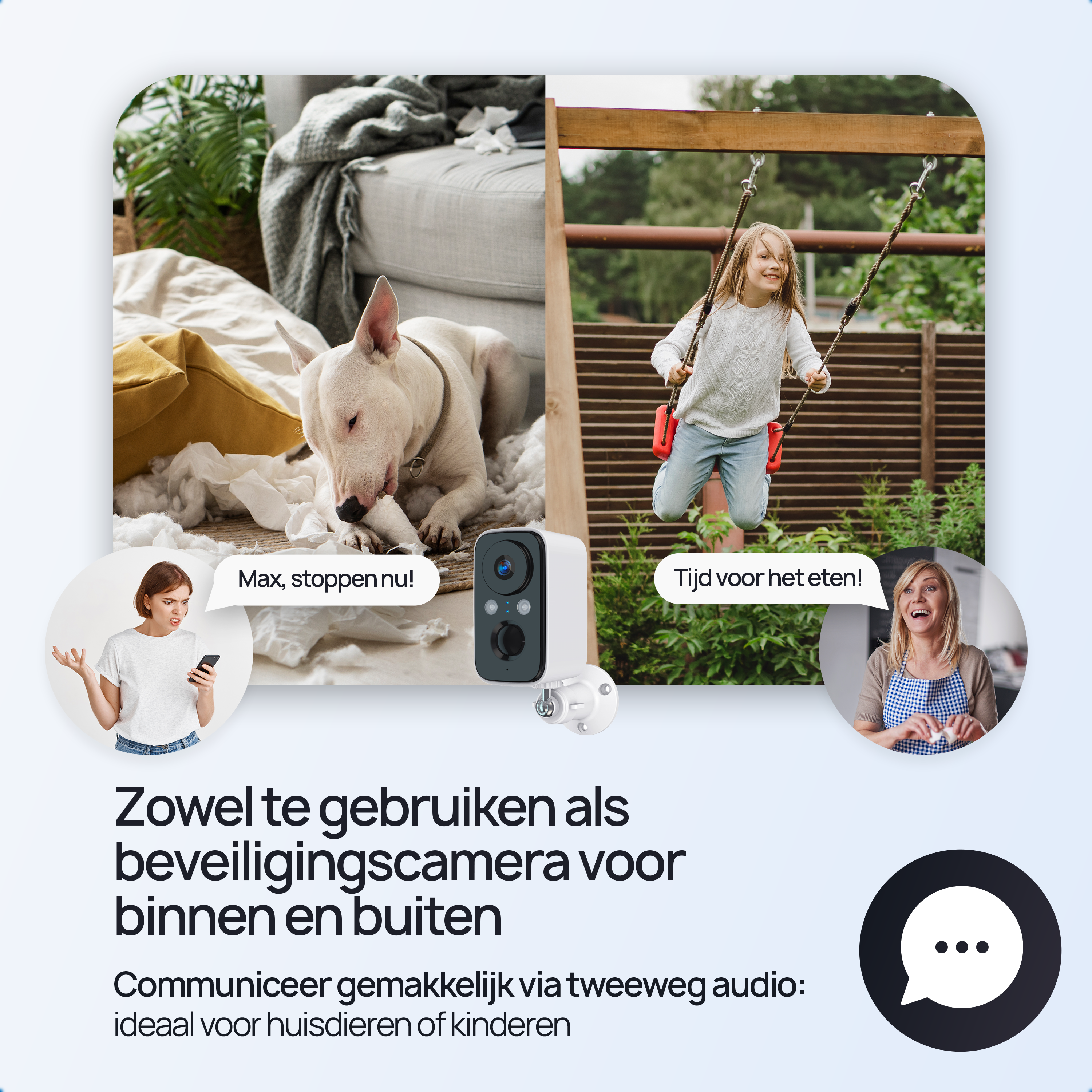 Een hond sloopt kussens binnen, een kind schommelt buiten. Een camera verbindt beide scènes.