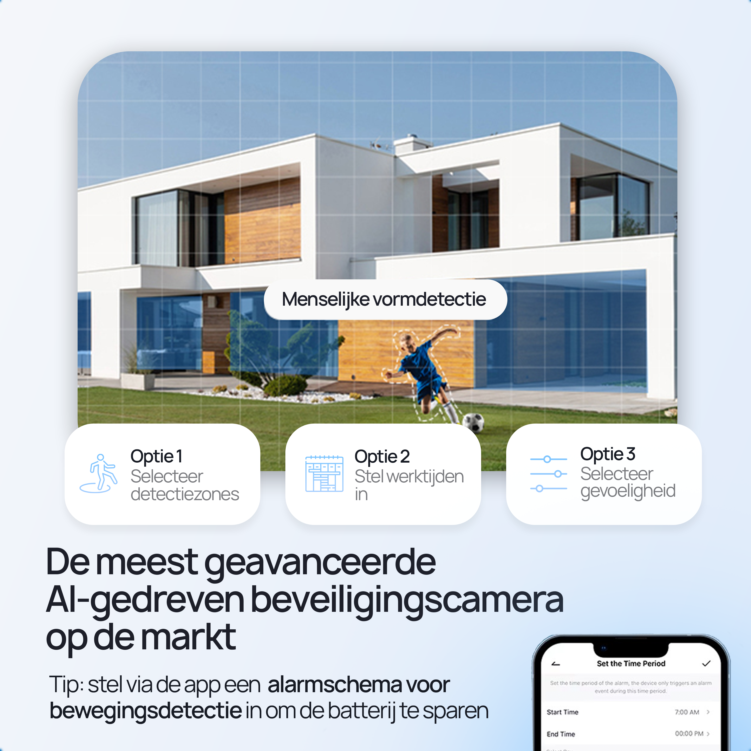 Moderne villa met AI-camera en voetballer op gazon.